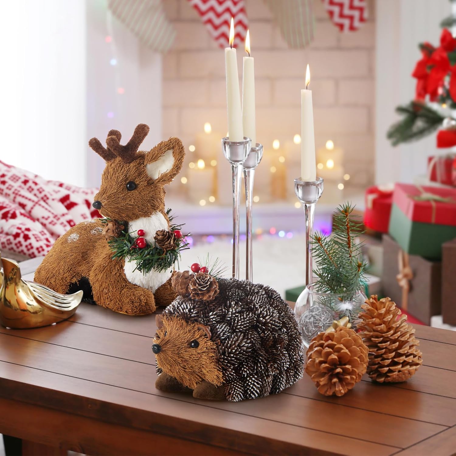 naturevibe Set of 6 Sisal Woodland Animals for Rustic Christmas Decorations, Forest Animals Figures with Holiday Accent as Christmas Table Decor or Holiday Decorations