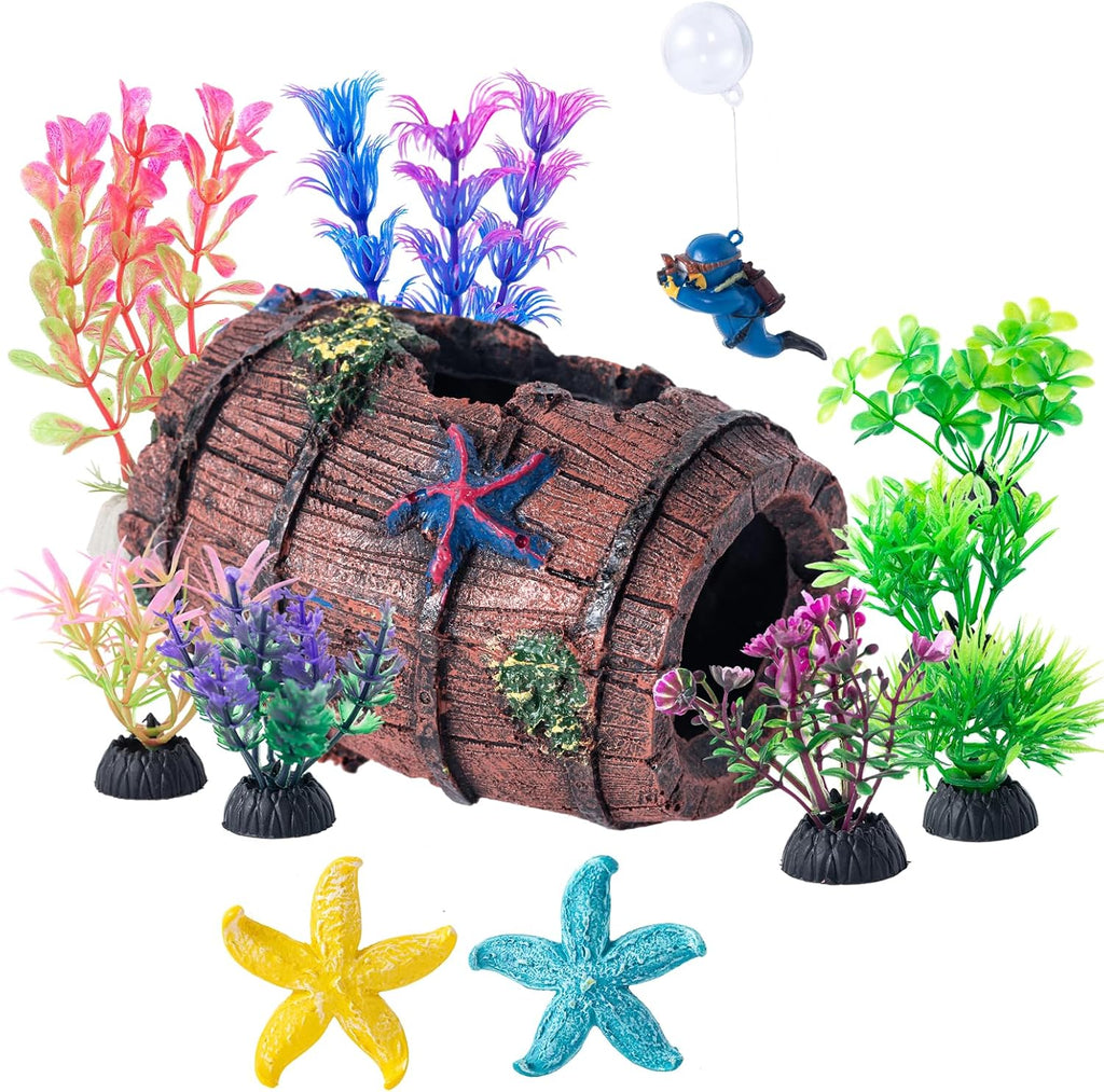 COMSUN 12 PCS Aquarium Decoration Broken Barrel Set, Plastic Aquarium Plants, Resin Floating Diver Fish Tank Decorations & Resin Starfish, Small Fish Tank Ornaments for Pet Fish to Hideout and Rest