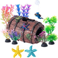 COMSUN 12 PCS Aquarium Decoration Broken Barrel Set, Plastic Aquarium Plants, Resin Floating Diver Fish Tank Decorations & Resin Starfish, Small Fish Tank Ornaments for Pet Fish to Hideout and Rest