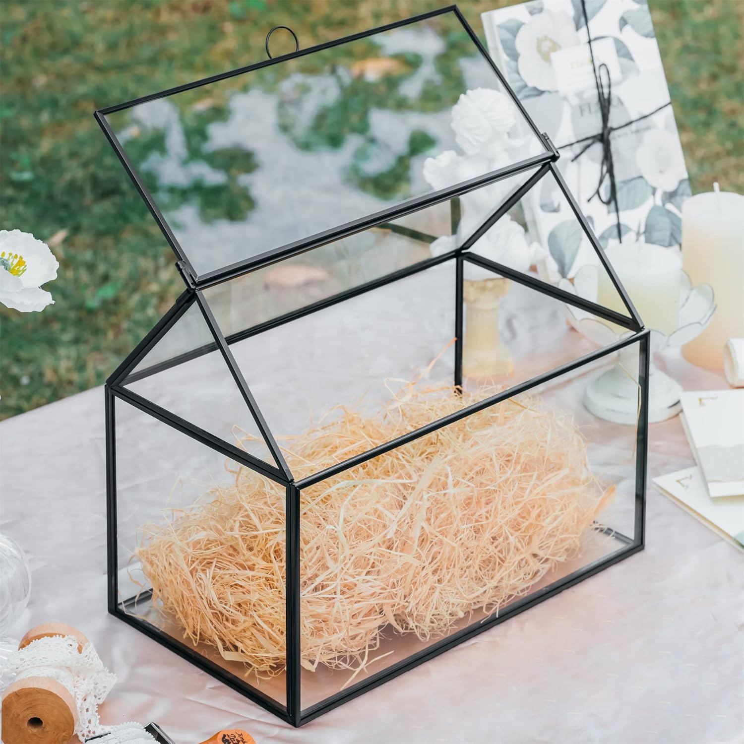 NCYP Glass Cards Box with Lid for Wedding, Birthday, Party Reception - 10.2x5.9x8.2 Inches House Shape Card Holder, Home Decor, Large Succulents Terrarium Planter, Black (Glass Box Only)
