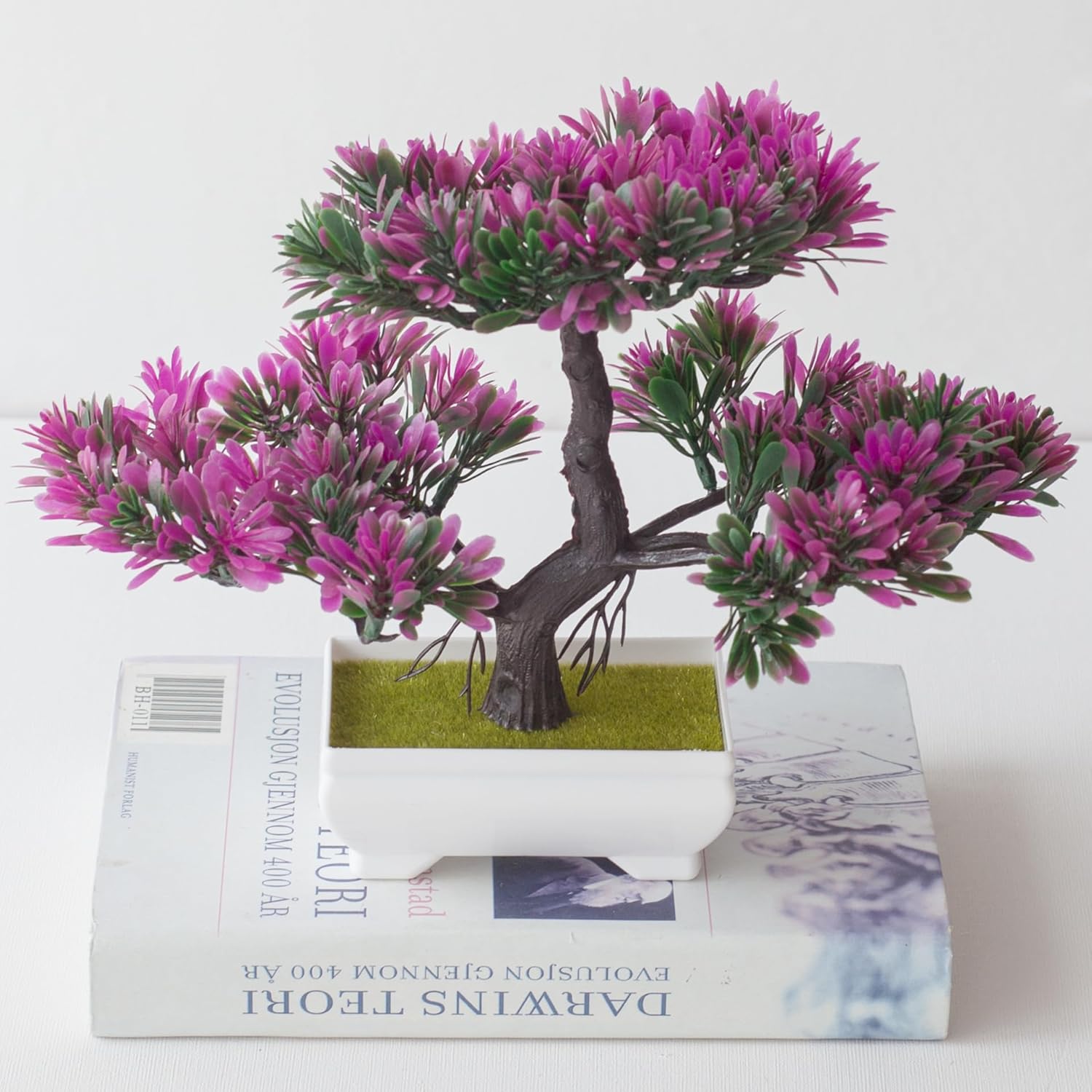 Mini Artificial Bonsai Tree Fake Plants - Artificial Plant Welcome Pine Treewith Plastic Cement Pots for Home Office Décor (Magenta)