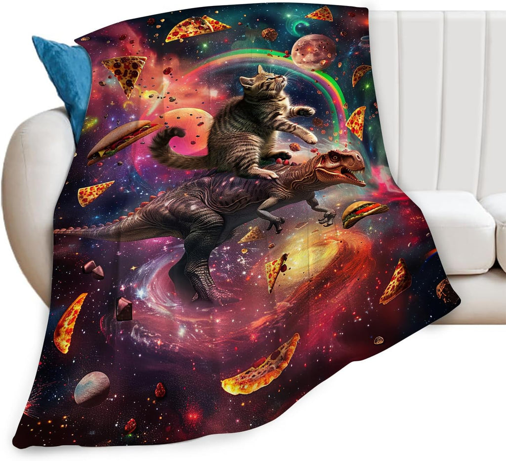 Dinosaur Cat Throw Blanket Funny Hamburger Pizza Dinosaur Cat Stuff Gifts for Kids Girls Boys Adults Women Man Soft Cozy Warm Plush Fluffy Fuzzy Fleece Blanket Decorr 50''X60''