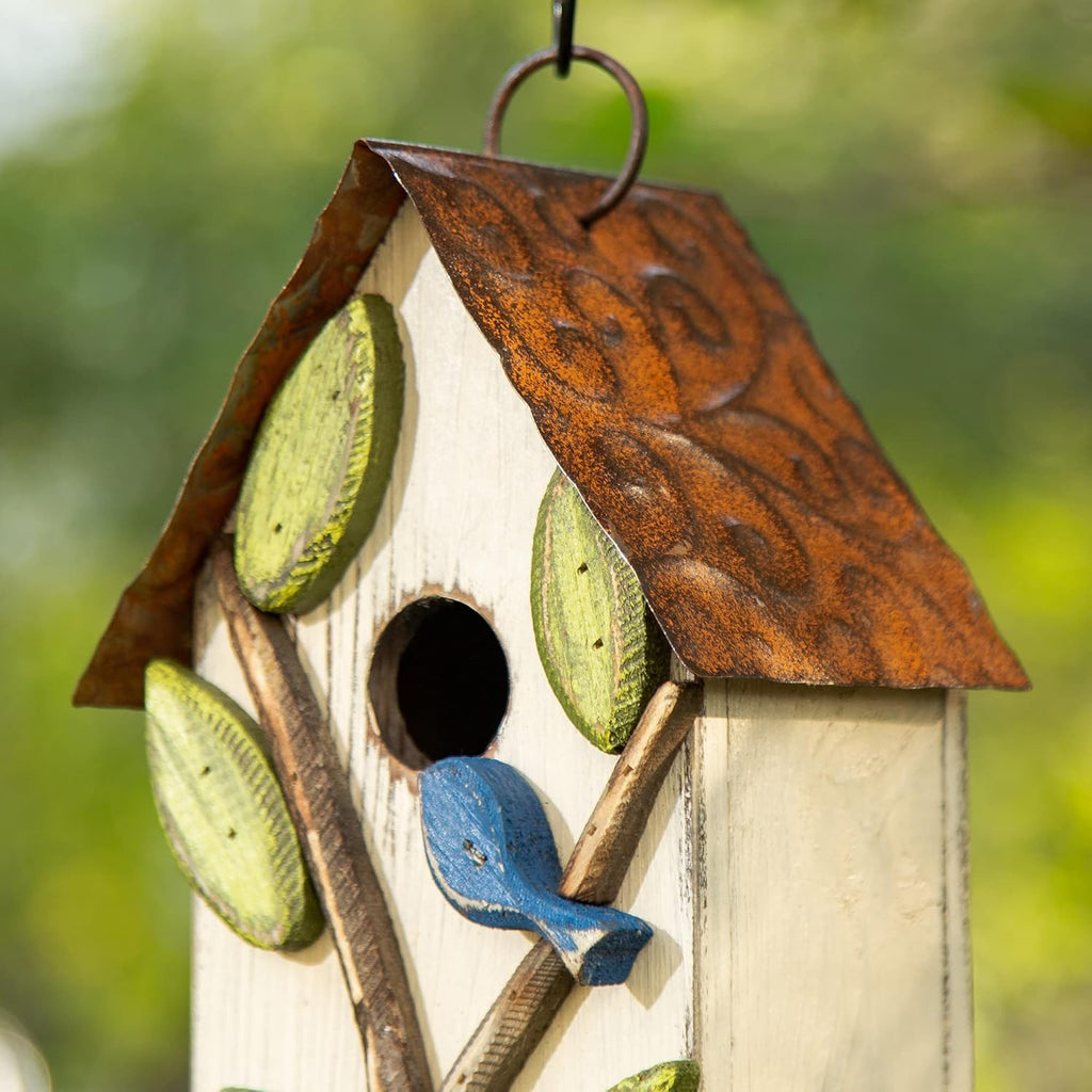 Glitzhome 9.7" H Hanging Birdhouse for Outdoor Patio Garden Decorative Pet Cottage Wooden Distressed Birdhouse, Leaves Rustic White