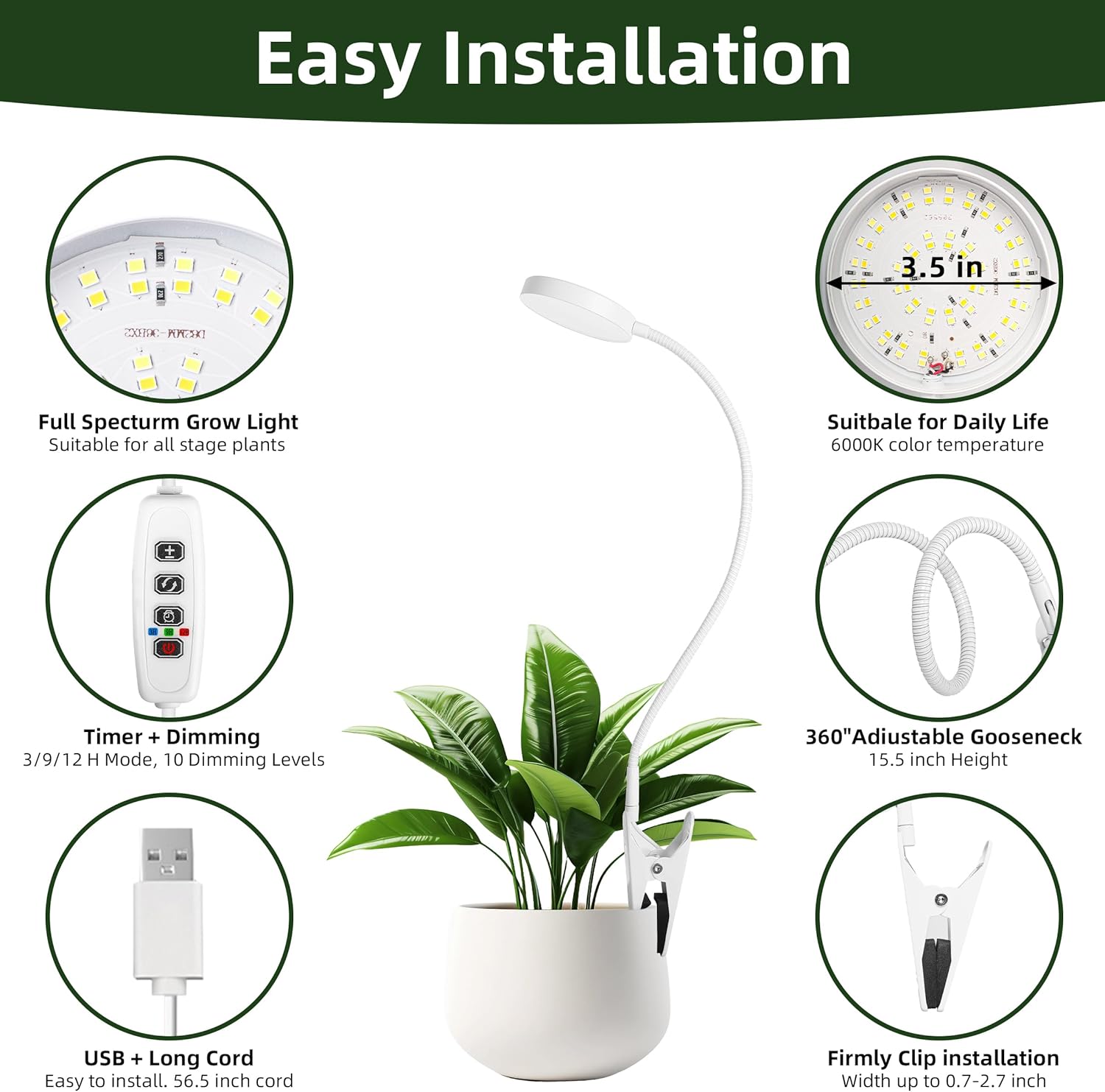 Grow Light for Indoor Plants Full Spectrum Plant Grow Lights 72 LED Plant Light Grow Lamp for Indoor Growing Pot Clip LED Plant Lamp (White, 1)
