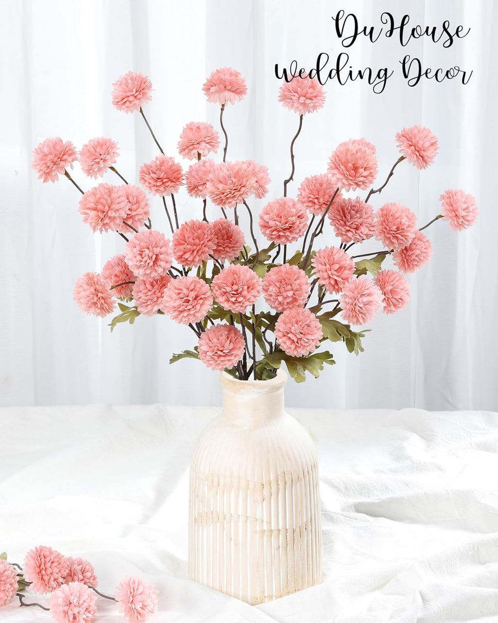 DuHouse 6pcs Artificial Flowers Faux Silk Pompon Mum,Silk Small Mini Chrysanthemum Ball with Stems for DIY Bouquets Centerpieces Vase Home Table Kitchen Decorations(Blush)