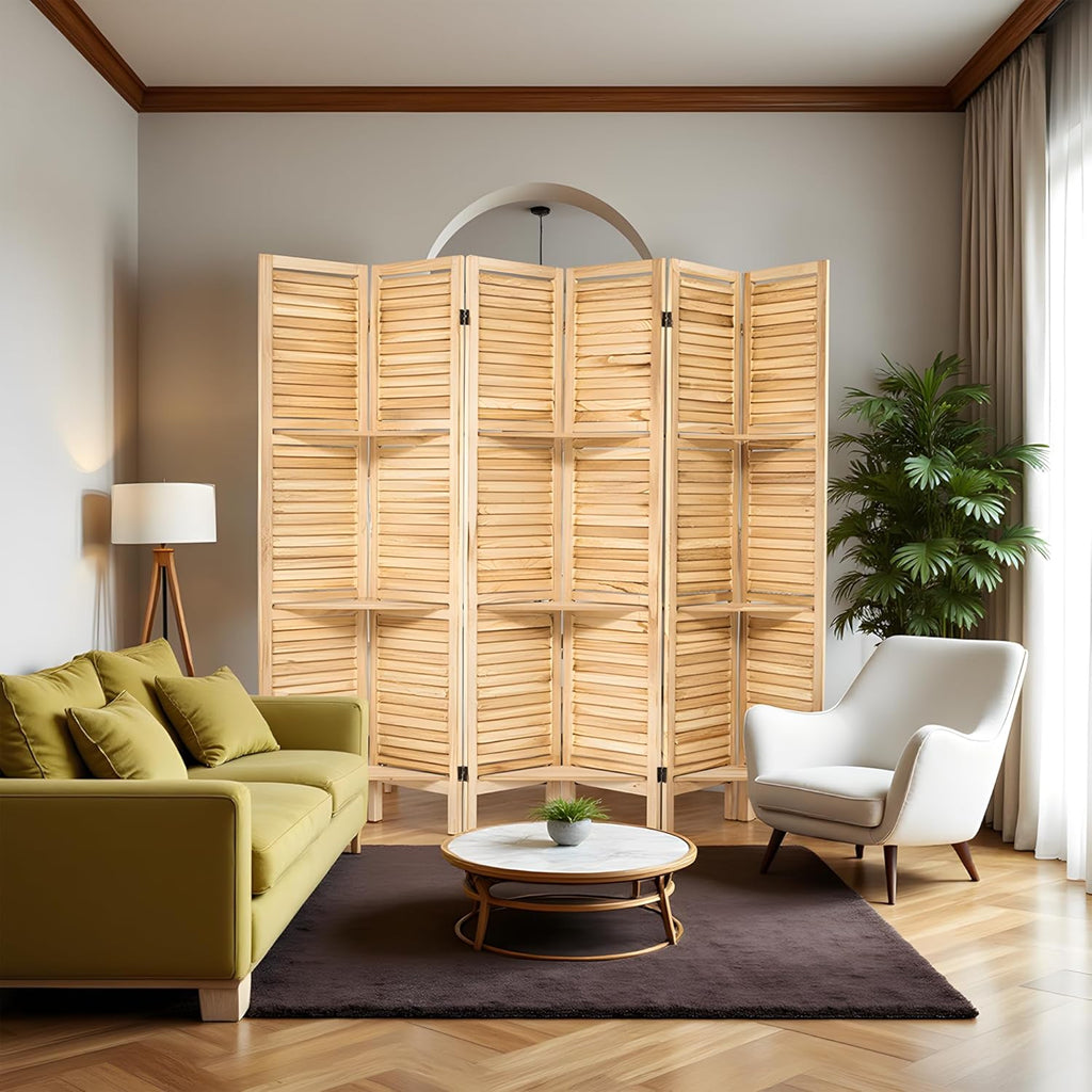 6 Panel Room Divider Freestanding Privacy Screen with Display Shelves Foldable Wooden Room Divider Panel for Bedroom, Home Office, Living Room, Natural