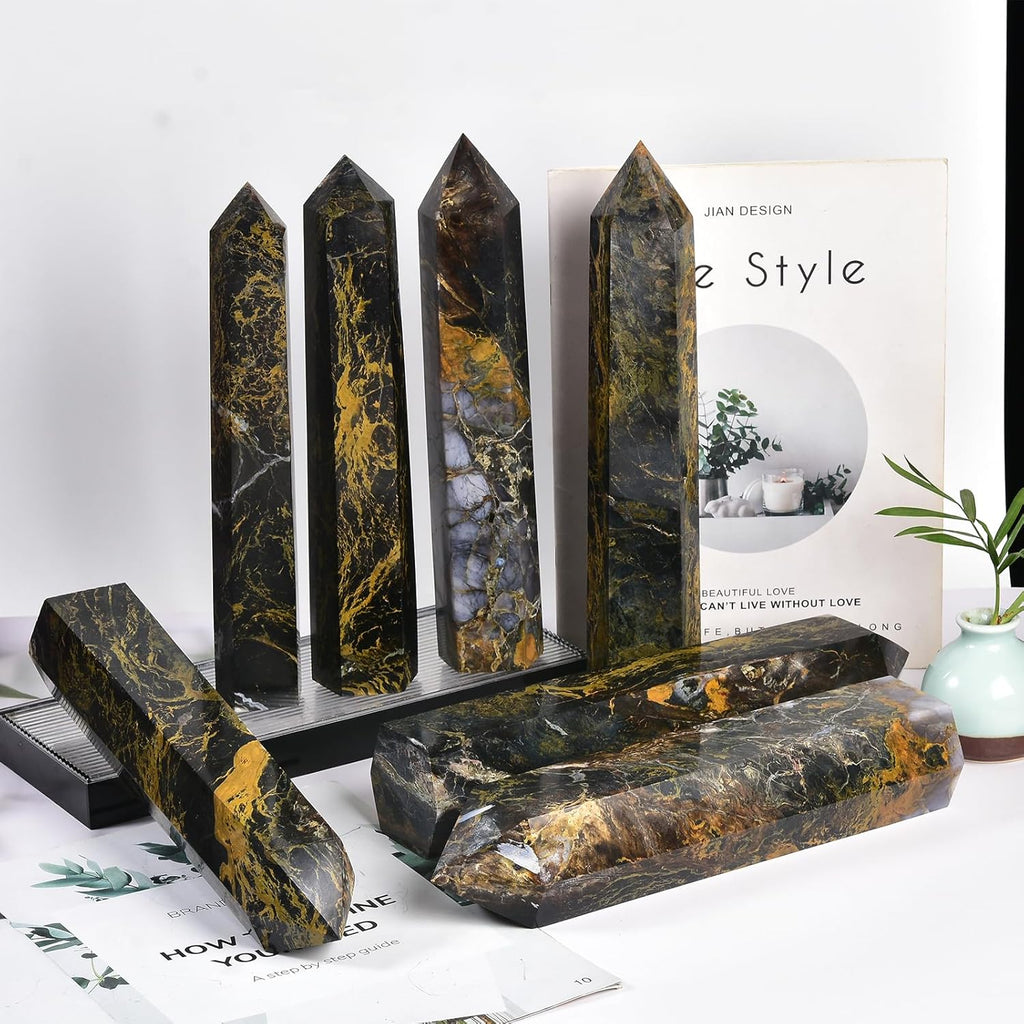 JIC Gem Large Pietersite Healing Crystal Wand 6 Faceted Quartz Crystals Obelisk Tower Points Wand Home Decor Reiki Healing 1.7-2.2 Lbs