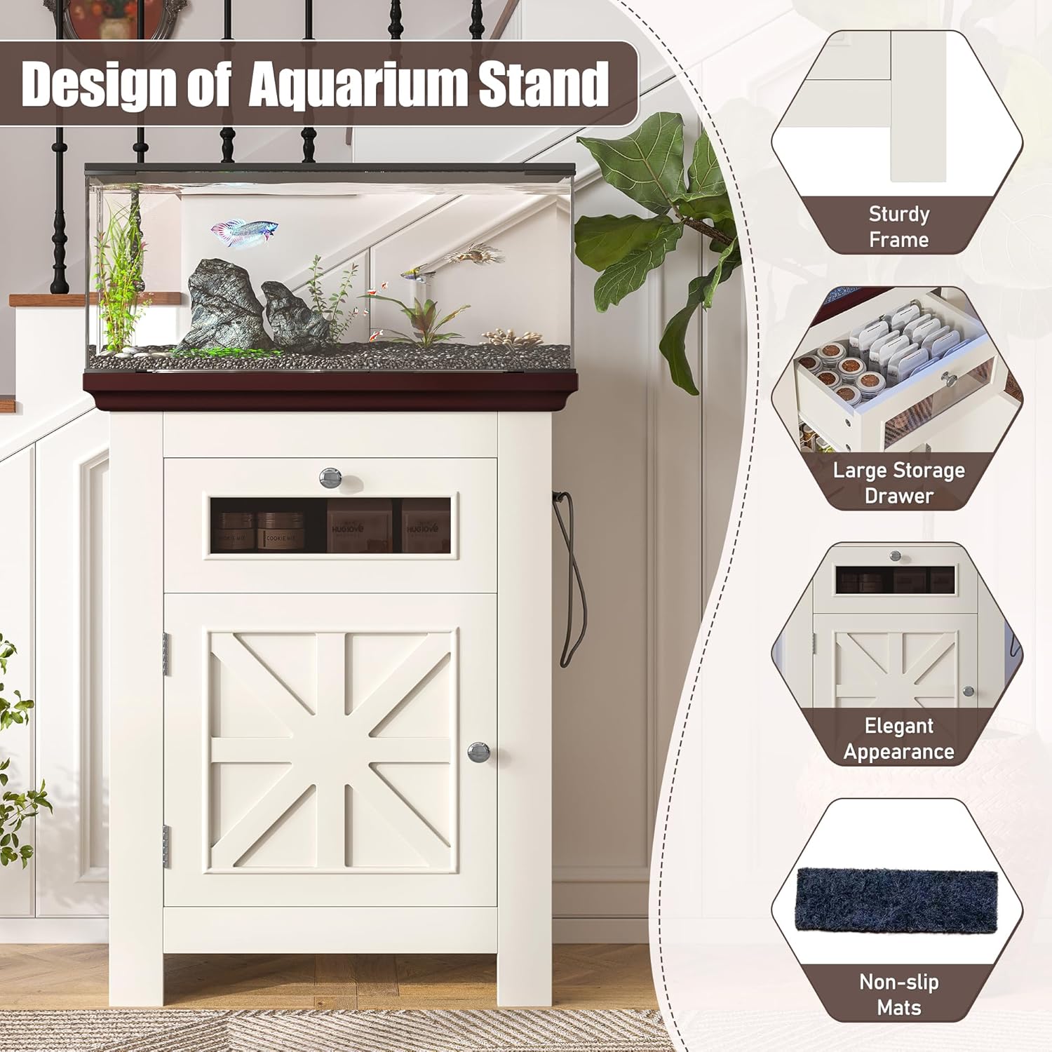 10-15 Gallon Fish Tank Stand, Aquarium Stand with Power Outlets, 198LBS Capacity, Fish Tank Table with Storage Cabinet and Drawer, Aquarium Table for Reptile Terrarium Stand