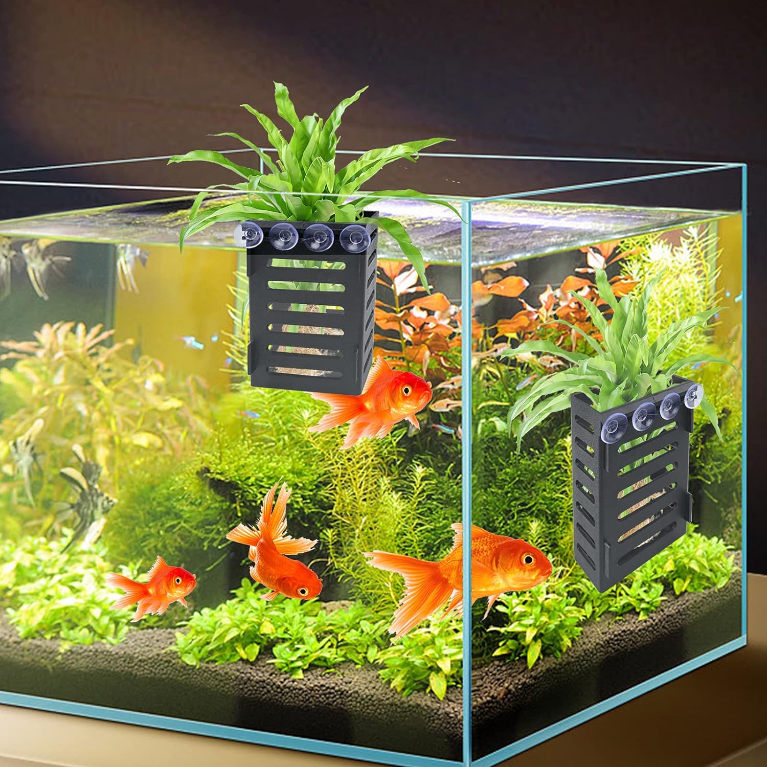 Aquarium Plant Holder 4 PCS Hanging Aquatic Plant Pot with 24 Hooks and 20 Suction Cups for Fish Tank Aquarium Planter and Aquascape Decorations (Black)