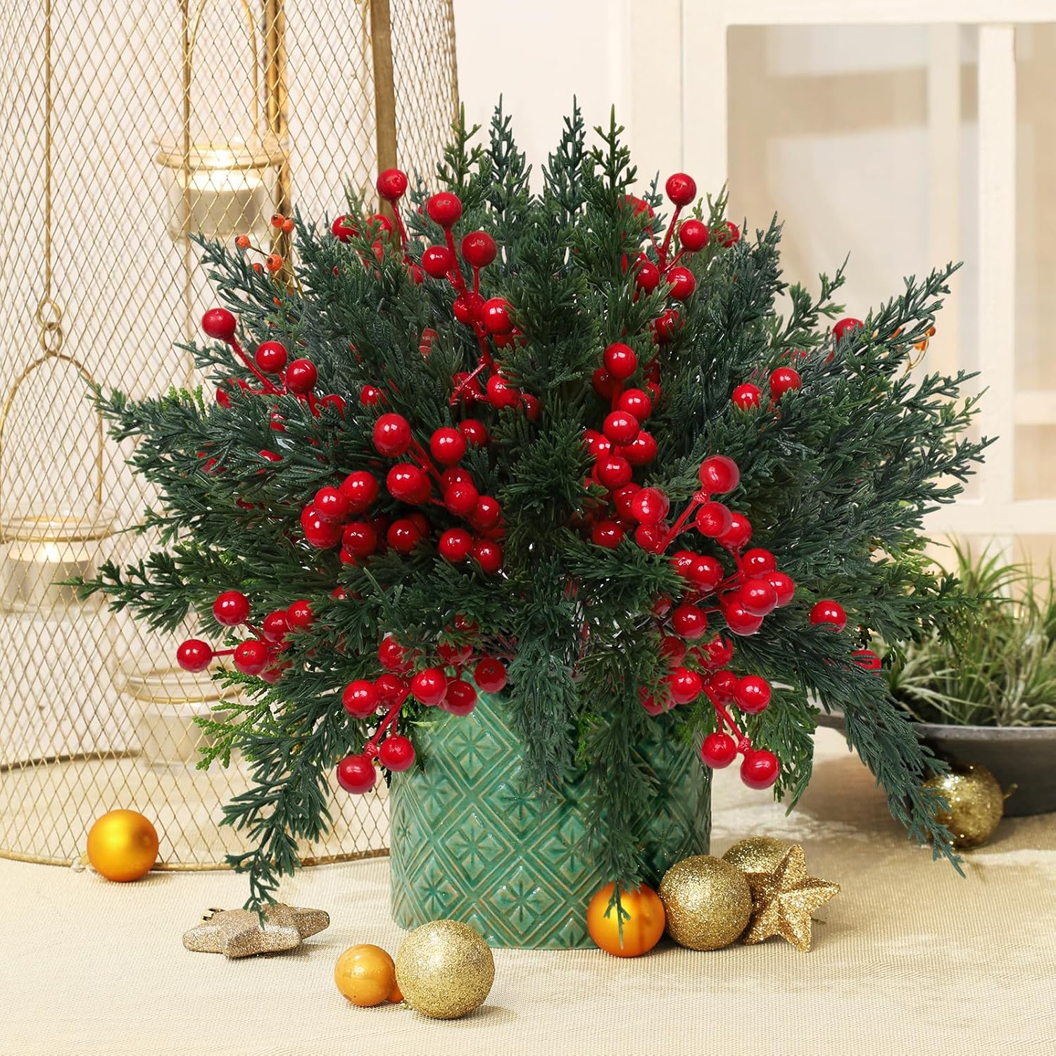 100 Pcs Christmas Artificial Pine Branches with Red Berry Stems 10.5" Faux Evergreen Norfolk Pine Cypress Leaves Stems, Fake Foliage Pine Needles Picks for Xmas DIY Craft Garland Home Decor