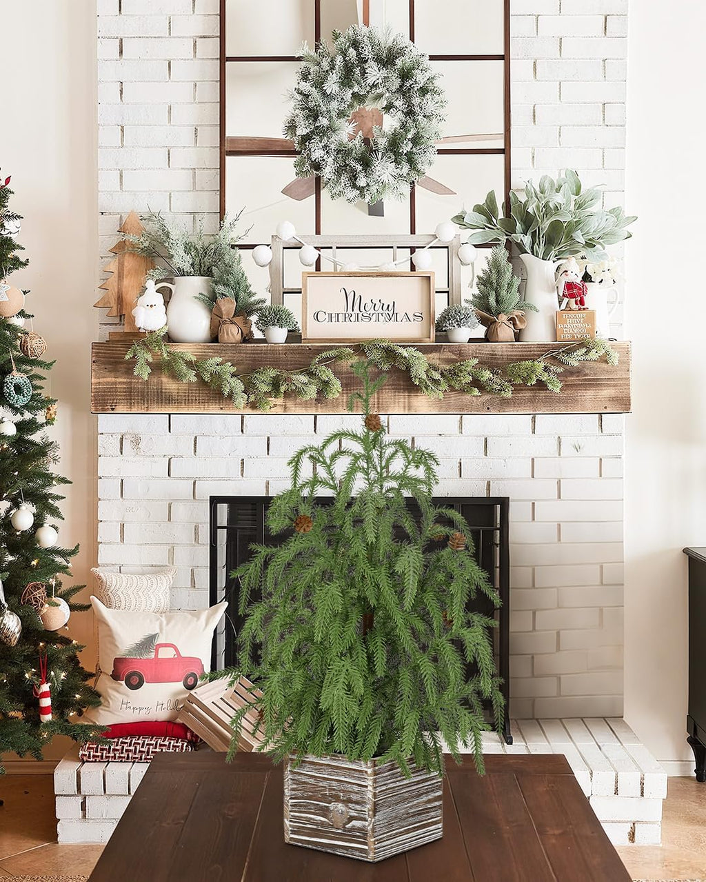 Briful 22.8'' Small Table Top Christmas Tree with Pinecones – Mini Faux Cypress Christmas Tree in Rustic Wooden Pot, Realistic Norfolk Pine Tree for Home Farmhouse Office Desk Holiday Décor