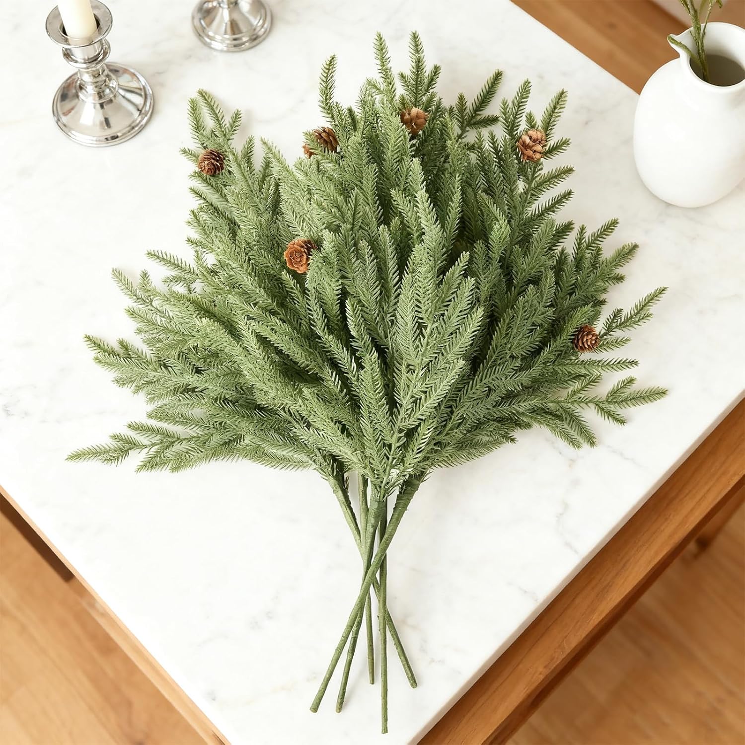 DN DECONATION Artificial Christmas Norfolk Pine Stems, Faux Pine Branches with Cones 22.4" 6PCS - Real Touch PE Greenery Fake Pine Needles for Vase Arrangements, Winter, Indoor Outdoor Home Decor