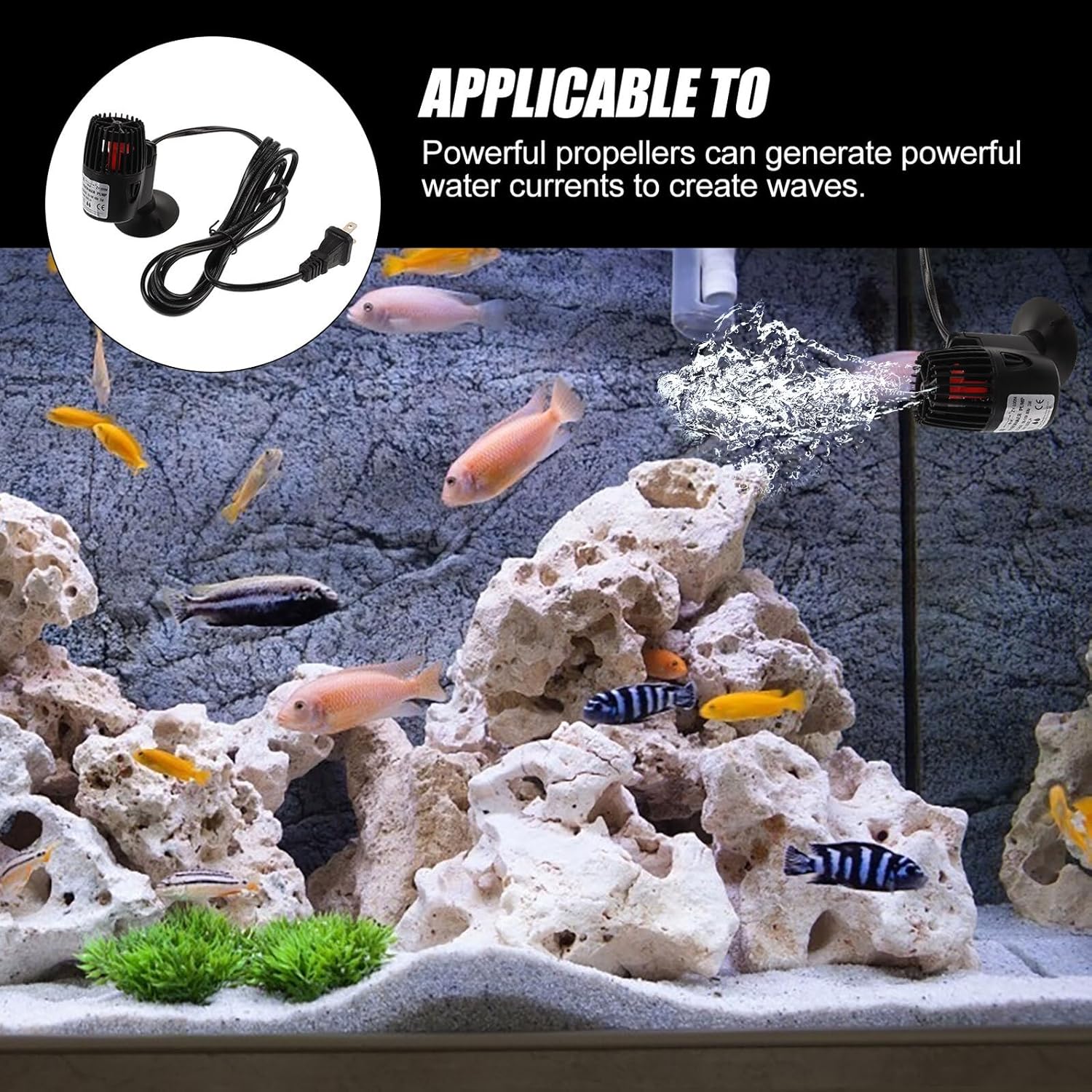Mute Suction Cup Aquarium Wave Maker Pump Powerful Propeller Circulation Pump for Fish Tank Submersible Silent Water Flow Generator with US Plug for Aquarium Cleaning and Wave