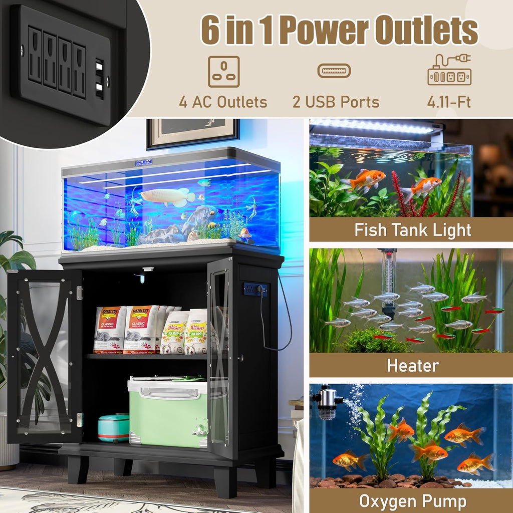 20 Gallon Fish Tank Stand with Cabinet Storage and Power Outlets (4 AC 2 USB), Modern Aquarium Cabinet with Adjustable Shelves, MDF Frame, 298LBS Capacity, Black