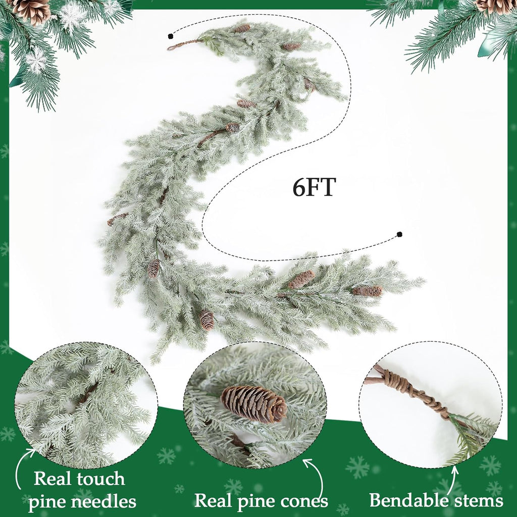 MIZII Christmas Garlands 6 Feet Artificial Pine Garland with Pinecone Real Touch Pines Vine Greenery Garland Christmas Decorations for Xmas Fireplace Mantle Home Decor Indoor Outdoor (White Pine)