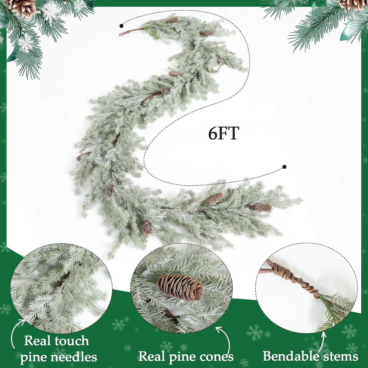MIZII Christmas Garlands 6 Feet Artificial Pine Garland with Pinecone Real Touch Pines Vine Greenery Garland Christmas Decorations for Xmas Fireplace Mantle Home Decor Indoor Outdoor (White Pine)