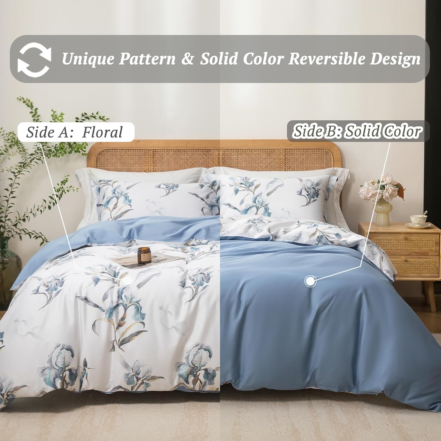 MILDLY Full Size Duvet Cover Set 100% Long-Staple Cotton Luxury White & Blue Floral Patten Reversible Comforter Cover Set 3Pcs