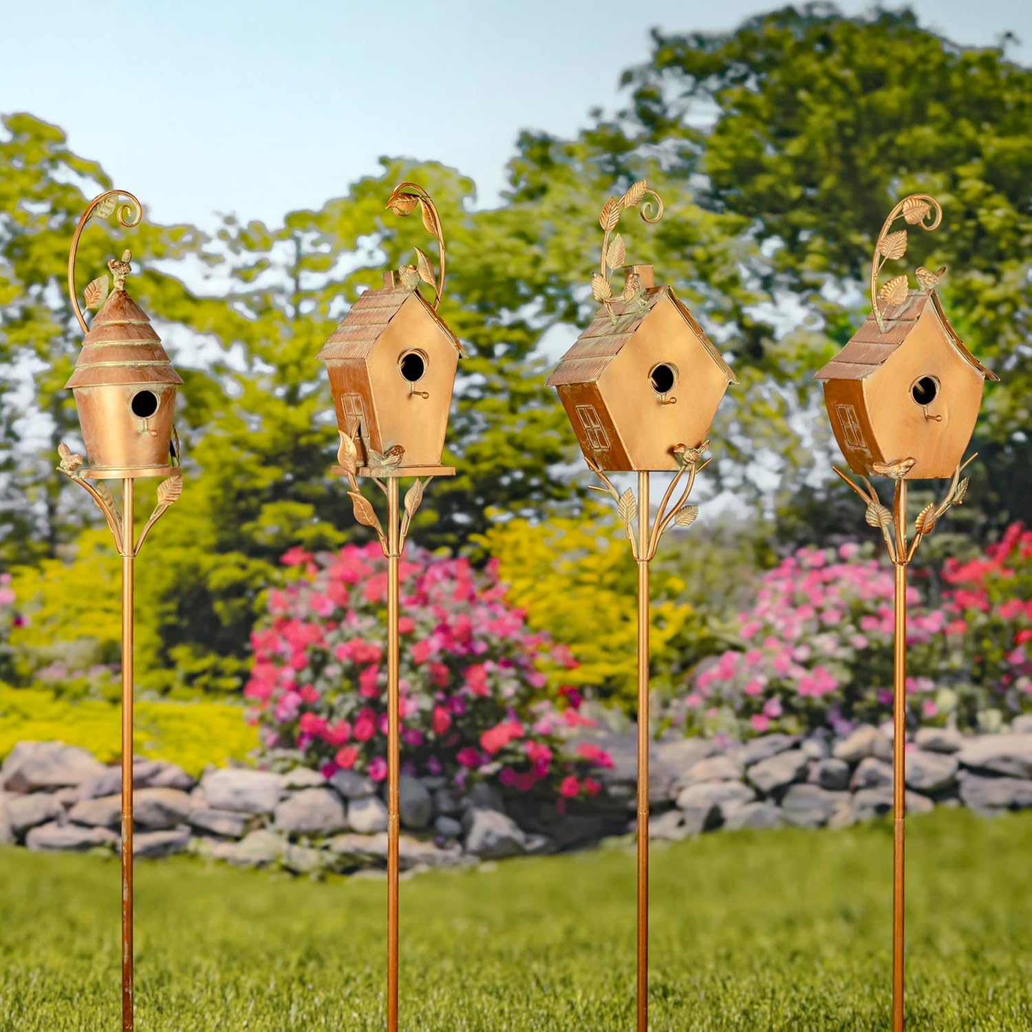Copper Colored Fancy Design Birdhouse Garden Stakes (Set of All 4 (1 of Each))