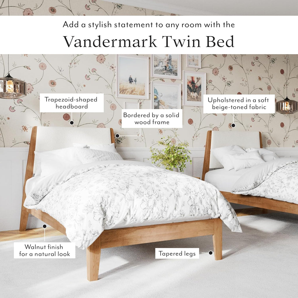 DG Casa Vandermark Solid Wood Easy Install Twin Bed Frame with Unique Headboard and Wooden Slat Support Included No Box Spring Required - Beige Walnut