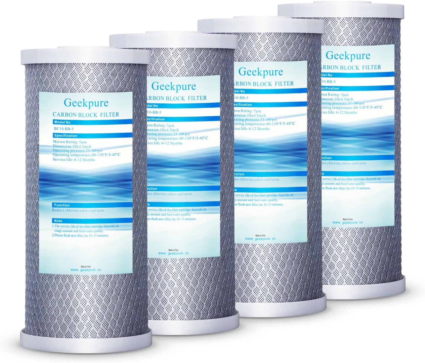 Geekpure 10 Inch Carbon Block Water Filter Reduce Chlorine Taste Odors for Whole House Filtration- 4.5 Inch x 10 Inch -5 Micron-Pack of 4