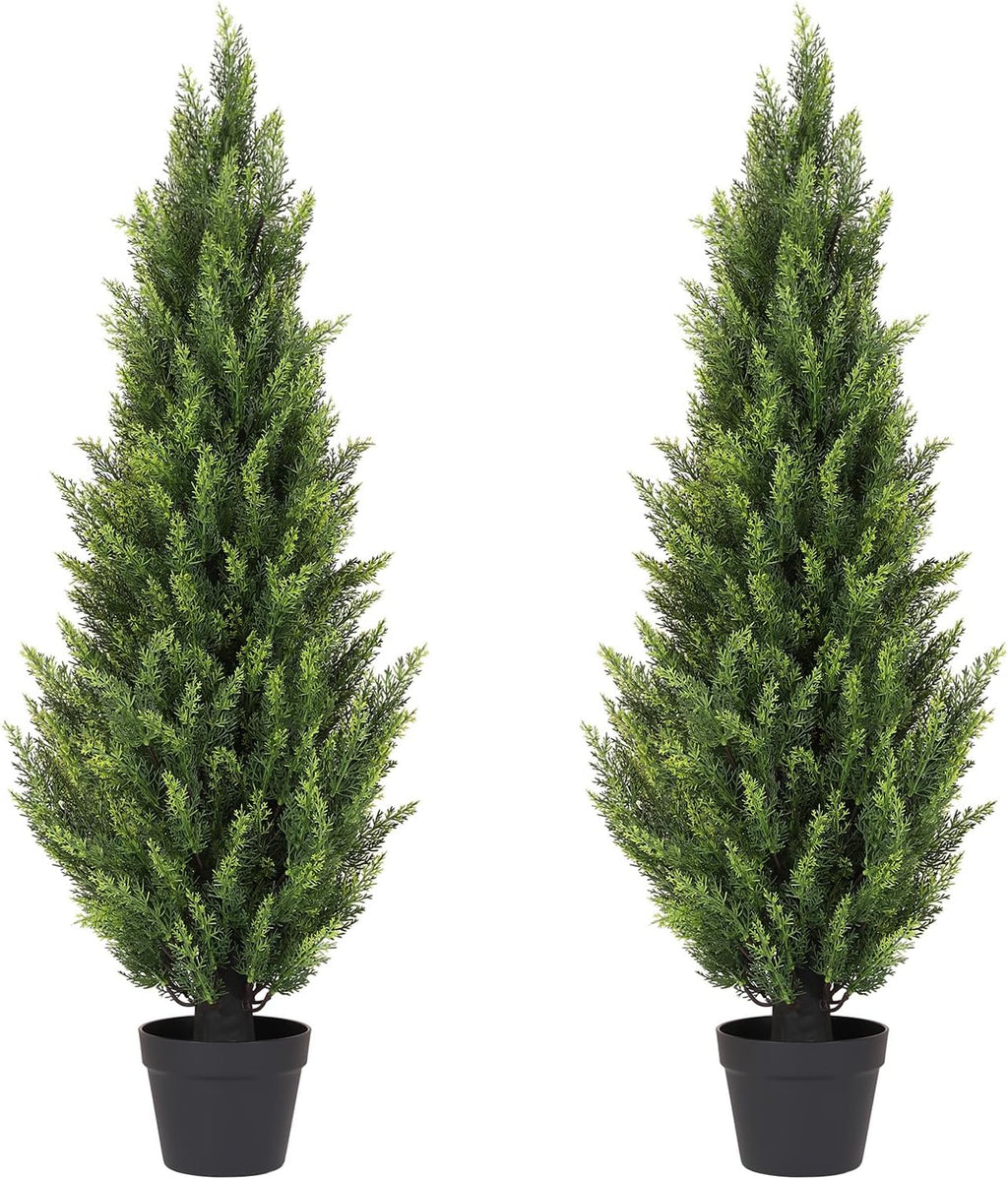 4FT Artificial Cedar Christmas Topiary Trees Set of 2 - Realistic Faux Cypress Plants UV Resistant for Outdoor Planter, Fake Bushes & Shrubs for Porch Front Door Outside UV Rated, 4 Feet Tall, 2 Pack