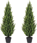 4FT Artificial Cedar Christmas Topiary Trees Set of 2 - Realistic Faux Cypress Plants UV Resistant for Outdoor Planter, Fake Bushes & Shrubs for Porch Front Door Outside UV Rated, 4 Feet Tall, 2 Pack