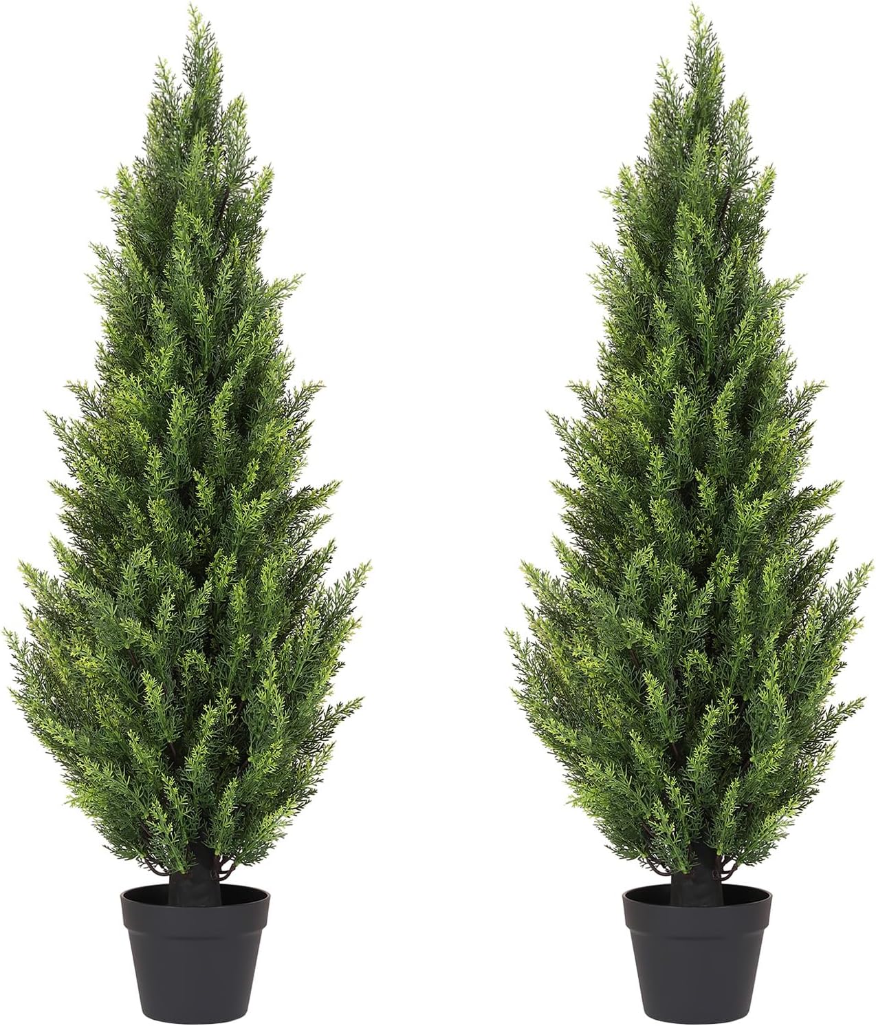 4FT Artificial Cedar Christmas Topiary Trees Set of 2 - Realistic Faux Cypress Plants UV Resistant for Outdoor Planter, Fake Bushes & Shrubs for Porch Front Door Outside UV Rated, 4 Feet Tall, 2 Pack