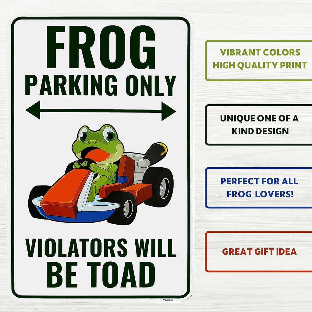 Venicor Frog Parking Sign Decor - 9 x 14 Inches - Aluminum - Cute Frog Gifts for Frog Lovers Women - Frog Tank Room Decorations Accessories Stuff