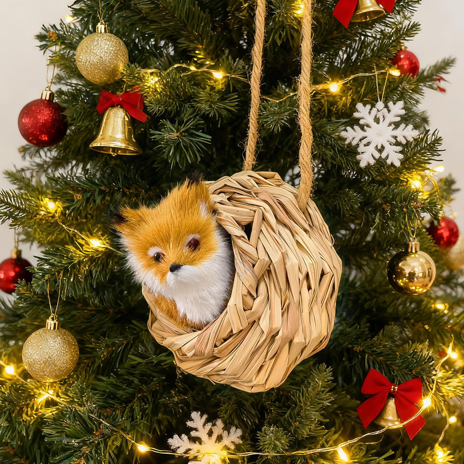 3D Forest Animals Ornaments for Christmas Tree Woodland Furry Animal Ornament Handmade Bird Nest with Plush Animals for Xmas Tree Faux Fur Animal Hanging Decoration Home (4inch Nest & Fox)