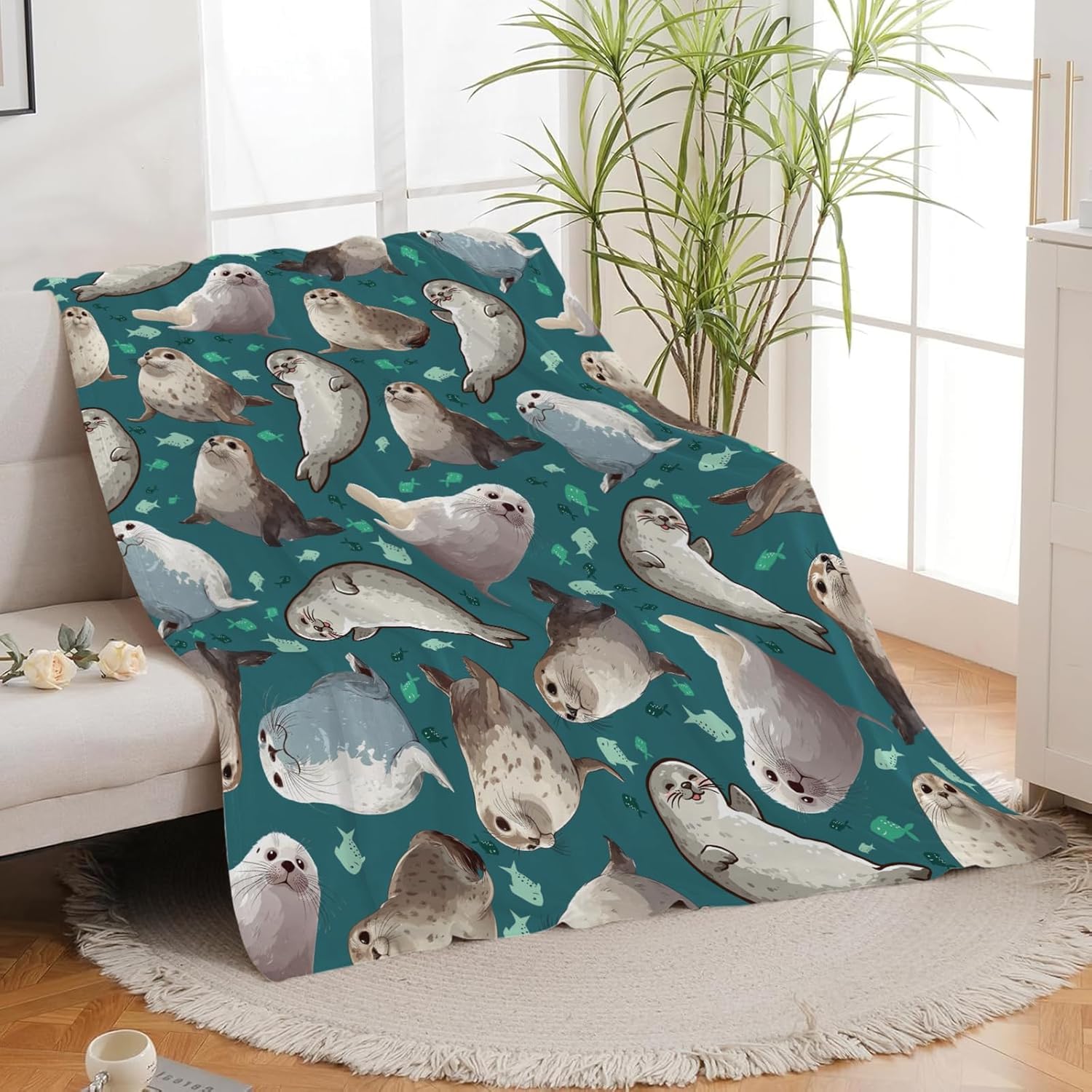 Seal Throw Blanket Ocean Seal Stuff Gifts for Kids Girls Boys Adults Women Men Soft Cozy Warm Plush Fluffy Fuzzy Fleece Blanket Decor 60''X80''