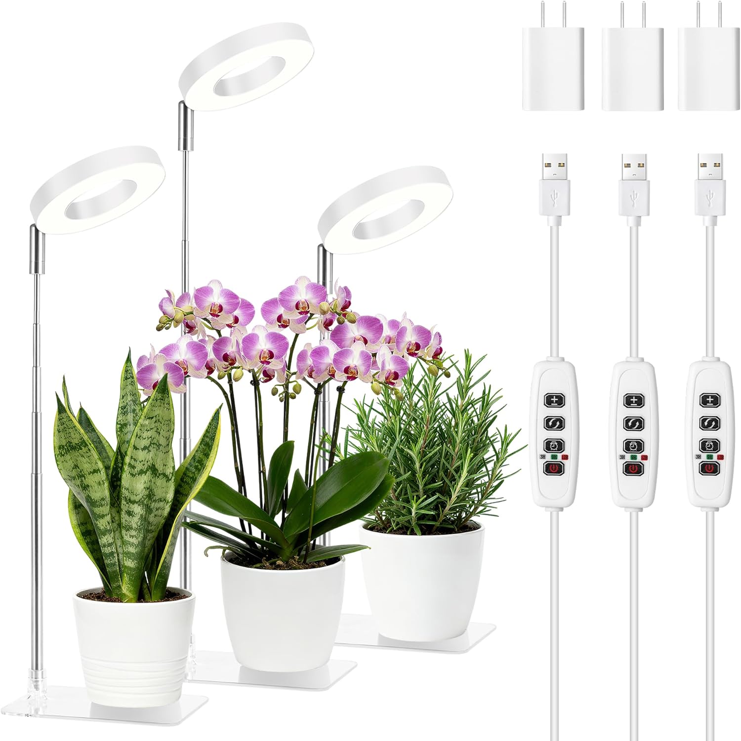White Small Halo Grow Light with Base, Full Spectrum Indoor Plant Grow Light, Height Adjustable, 3 Spectral Modes, 10 Brightness Levels, Automatic Timer 3/9/12 Hours, 3 Pack