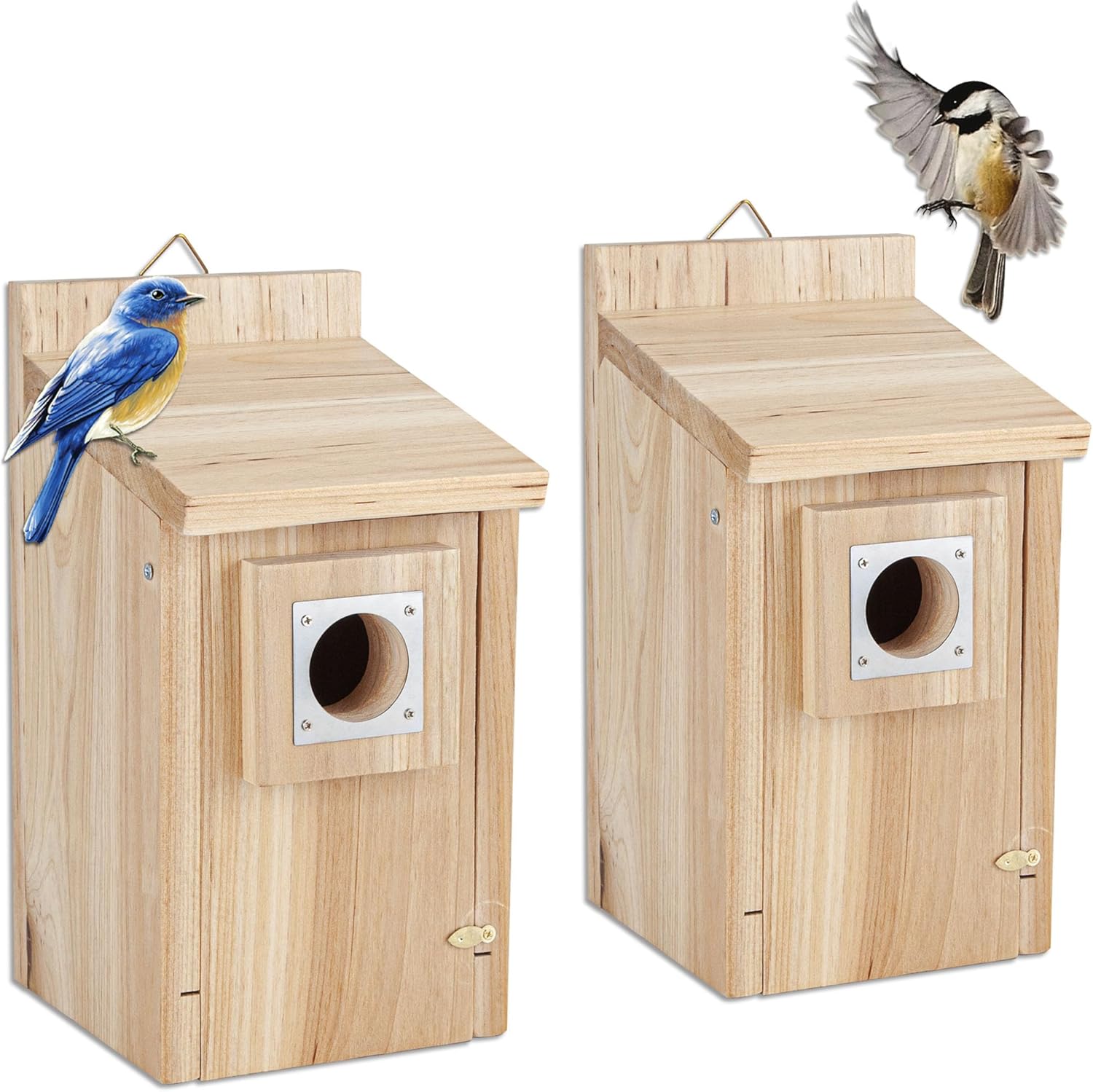 CARTMAN 0.6 Inch Thick Wood Bird Houses with Stainless Steel Guard, Hummingbird House for Outside Clearance Garden Country Cottages 2pk