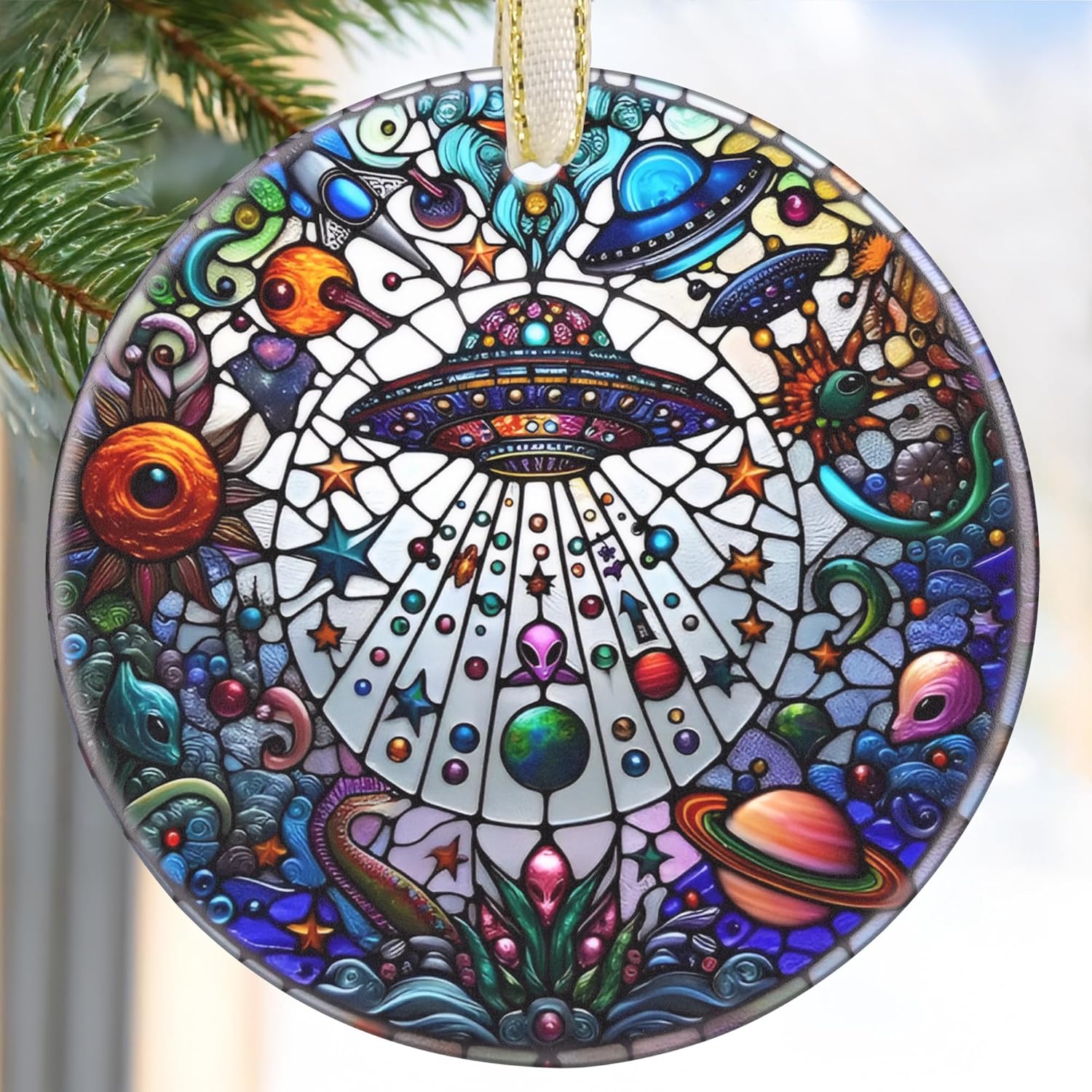 2025 UFO & Alien Christmas Tree Ornament - Christmas Decoration, Round Ceramic Holiday Decor, Gift Idea for Friends