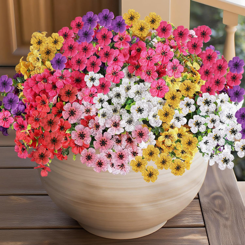 14 Bundles Artificial Flowers UV Resistant for Patio Outdoors Fake Faux Silk Plants Realistic Plastic Flowers Indoors Porch Window Decoration (14, Mixed Fuchsia Purple Yellow Red Lilac Pink White)