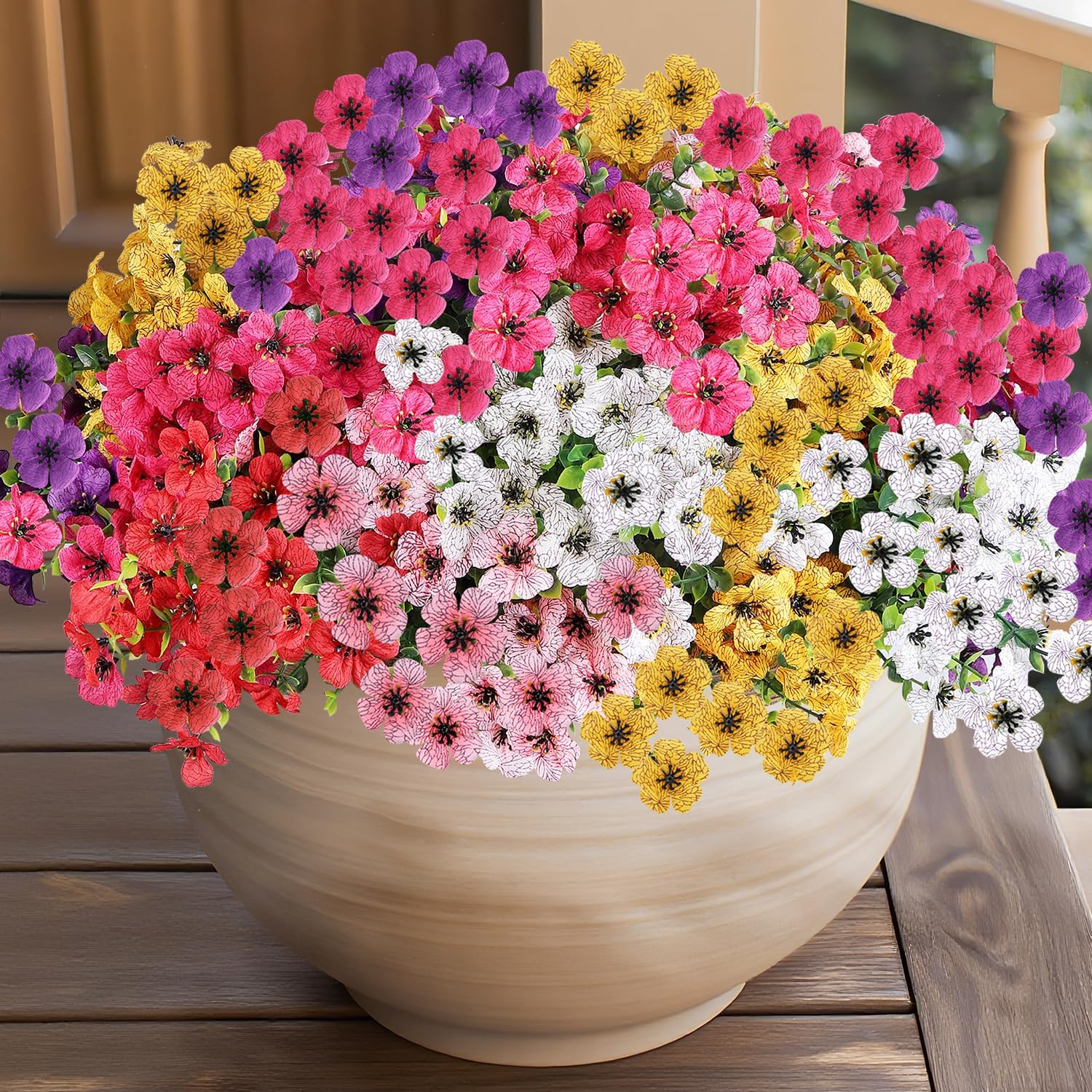 14 Bundles Artificial Flowers UV Resistant for Patio Outdoors Fake Faux Silk Plants Realistic Plastic Flowers Indoors Porch Window Decoration (14, Mixed Fuchsia Purple Yellow Red Lilac Pink White)