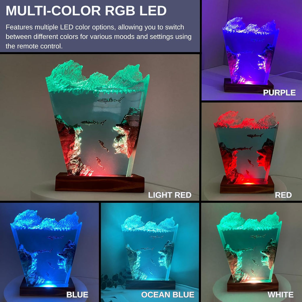 Ocean Resin Lamp – Marine Life Night Light with 16 Color LED, USB Powered Orca Shark & Turtle Desk Lamp with Wooden Base & Remote,Handmade Gift for Christmas, New Year