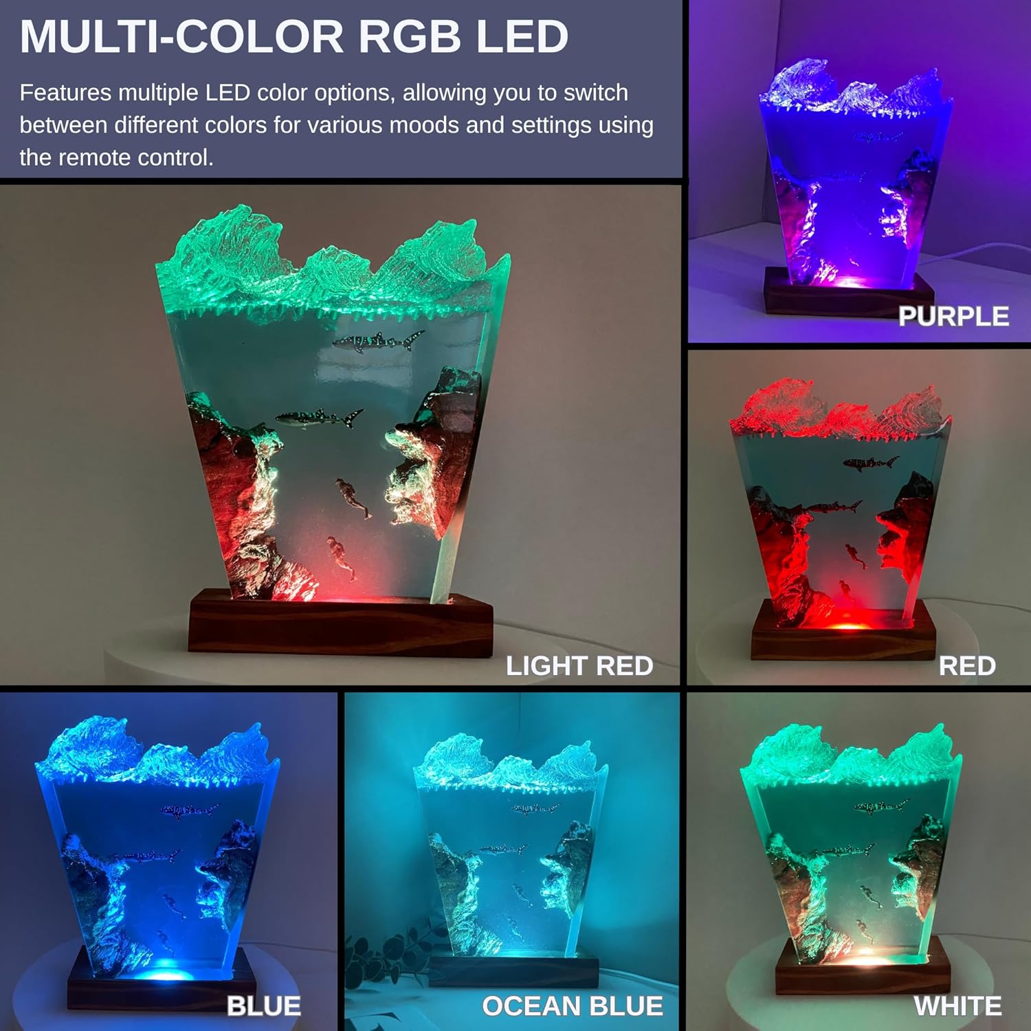Ocean Resin Lamp – Marine Life Night Light with 16 Color LED, USB Powered Orca Shark & Turtle Desk Lamp with Wooden Base & Remote,Handmade Gift for Christmas, New Year