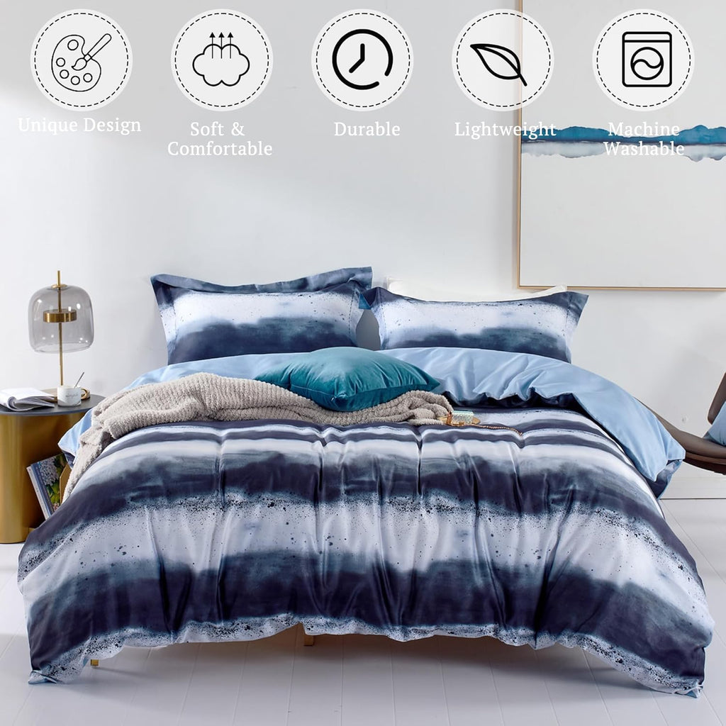 MILDLY Duvet Cover Full Size 100% Long-Staple Cotton Blue Watercolor Comforter Cover Set Modern Ultra Soft Comforter Cover Set 3pcs