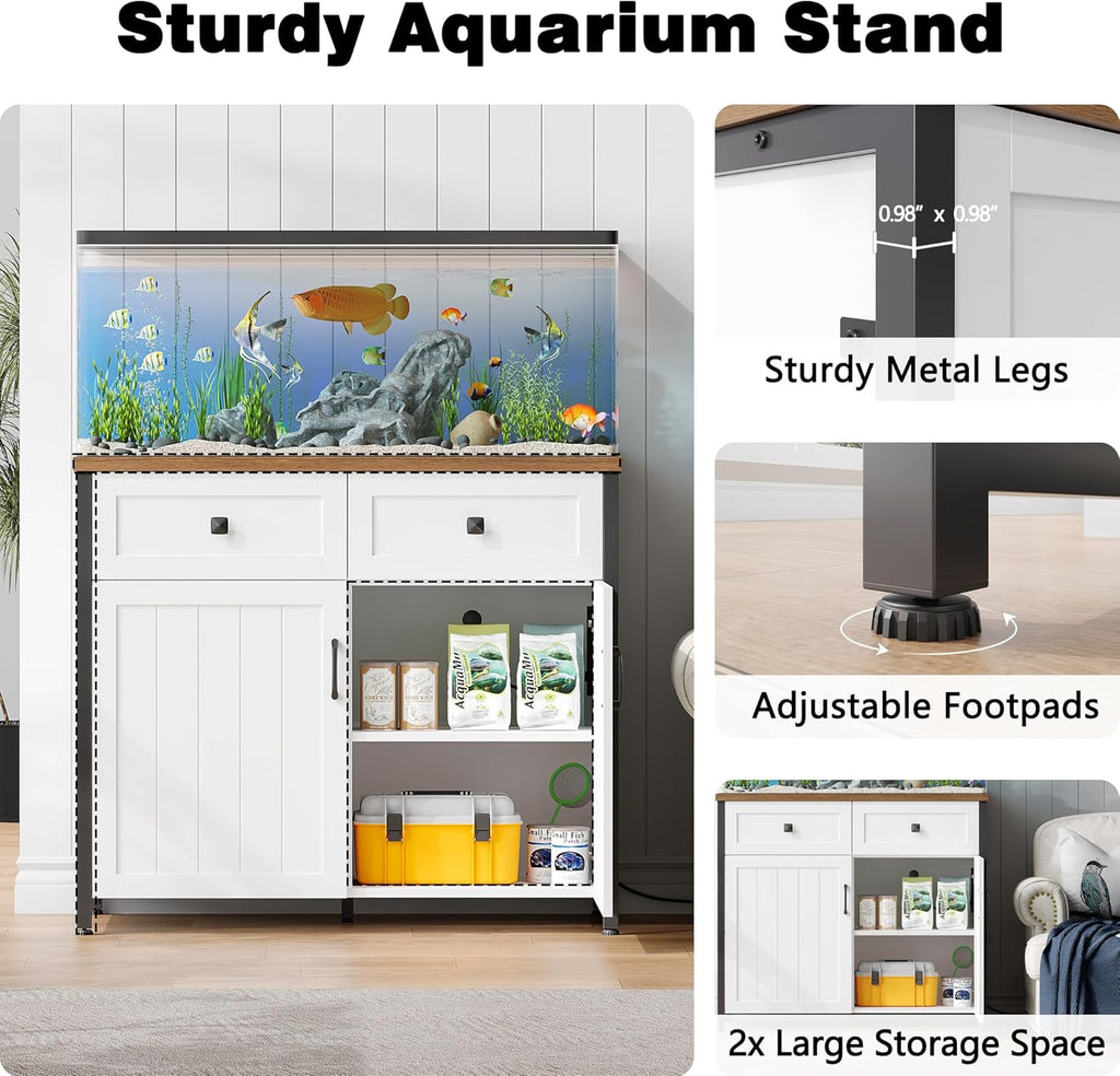 Pipleo 40-50 Gallon Aquarium Stand with Power Outlets, Cabinet for Fish Tank Accessories Storage, Heavy Duty Metal Fish Tank Stand Suitable for Turtle Tank, Reptile Terrarium, 660LBS Capacity, White