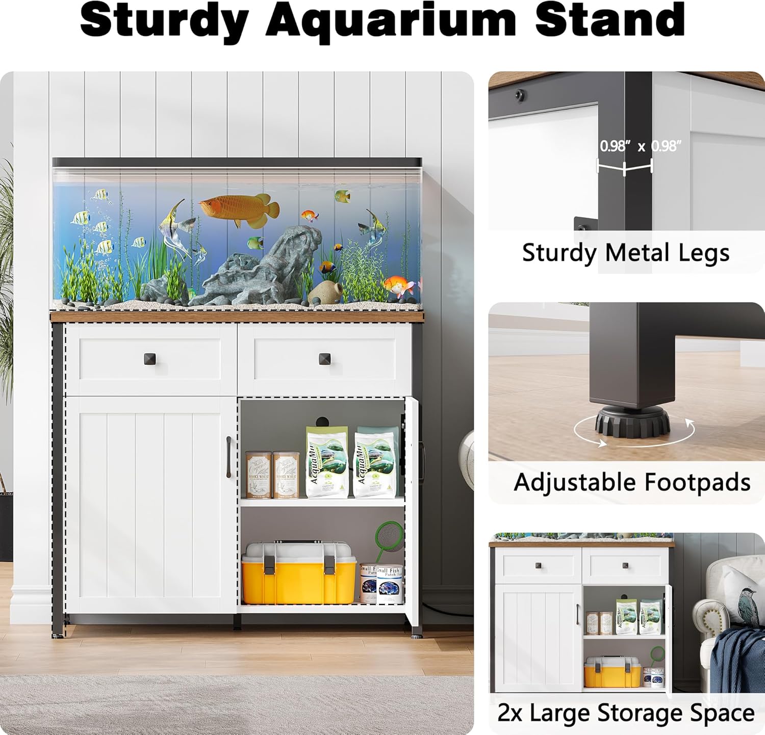 Pipleo 40-50 Gallon Aquarium Stand with Power Outlets, Cabinet for Fish Tank Accessories Storage, Heavy Duty Metal Fish Tank Stand Suitable for Turtle Tank, Reptile Terrarium, 660LBS Capacity, White