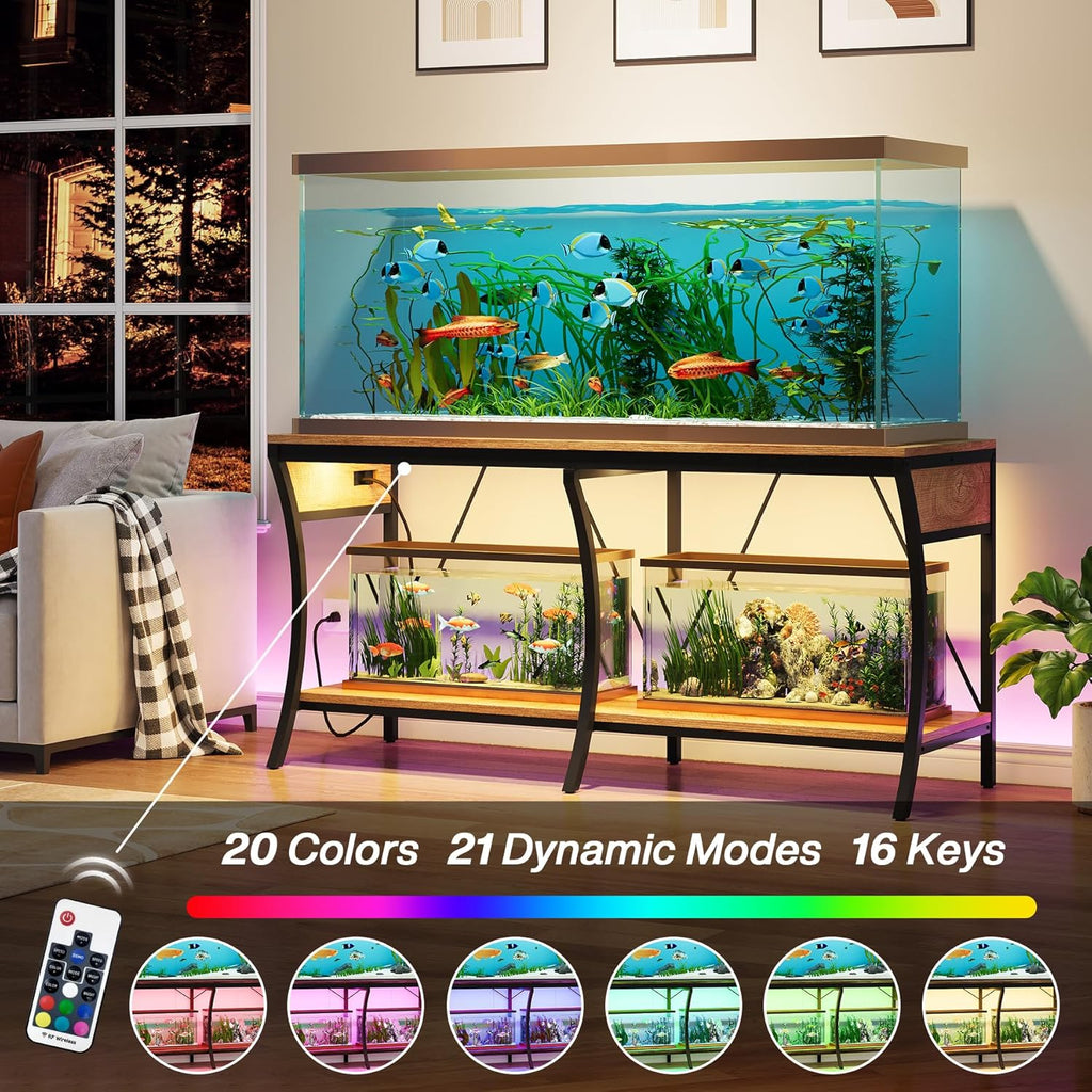 55-90 Gallon Fish Tank Stand with Power Outlets, 2-Tier Aquarium Stand with LED Light Strip & Open Storage Shelves, Heavy Duty Metal Table for Reptile Tank, 1150 LBS Capacity, Light Brown and Black