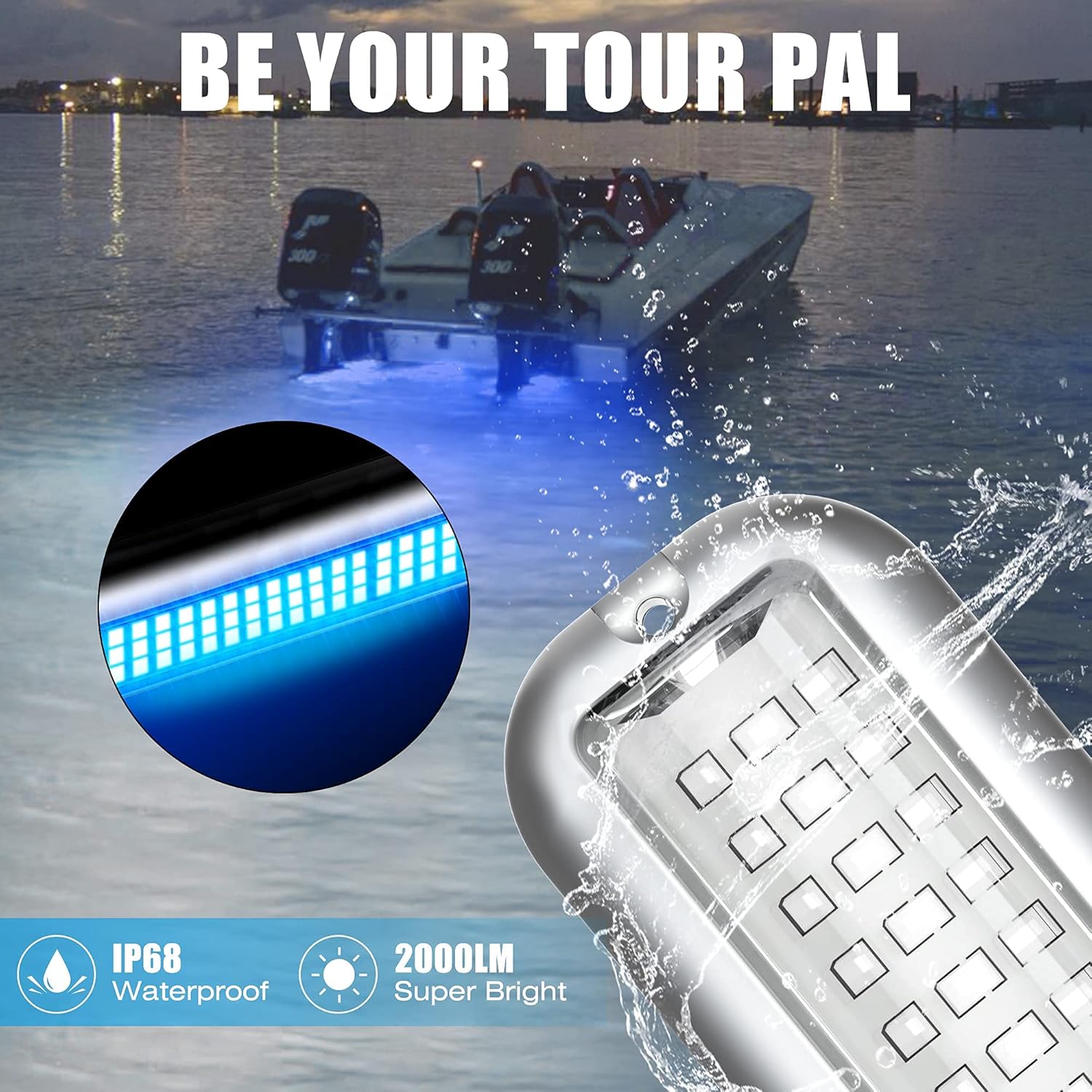 BASIKER BS3 Marine LED Boat Light (2x2000LM 60LED), 10-36V, 316 Stainless Steel, IP68, Air or Underwater, Surface Mount Designed for Cruise Ships, Yachts, Boats, Sailboat, Pontoon, Transom (Blue)