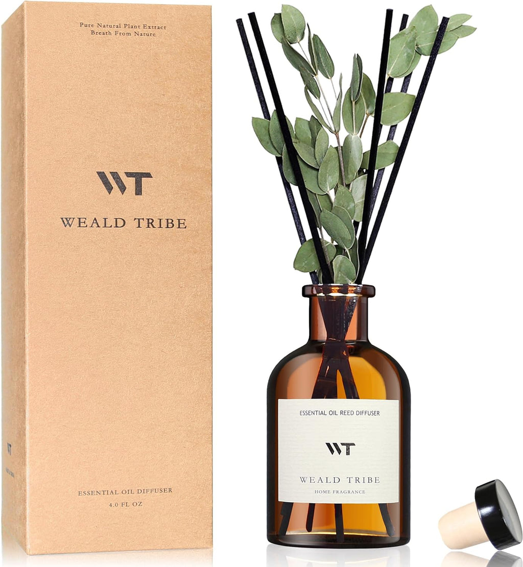 WEALD TRIBE Flower Reed Diffuser Set Eucalyptus & Lavender Scent For Bathroom Accessories Shelf Decor & Air Fresheners, Sticks Defusers With 4.0 fl oz Essential Oils, House Bedroom Office Decor & Gift