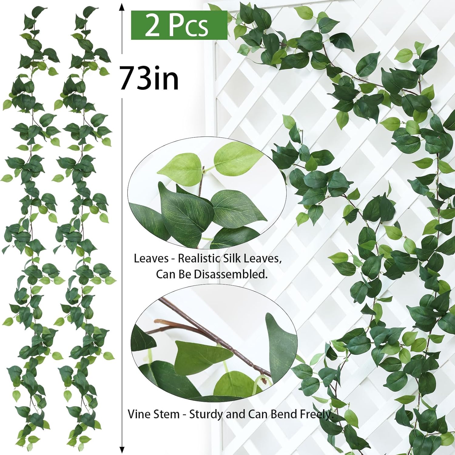 mizii 2 Strands Artificial Scindaps Vines Garland 73" Fake Vine with Silk Green Leaves Faux Evergreen Hanging Plants Greenery Decoration for Party Wedding Bedroom Home Wall Room Decor (Scindapsus)