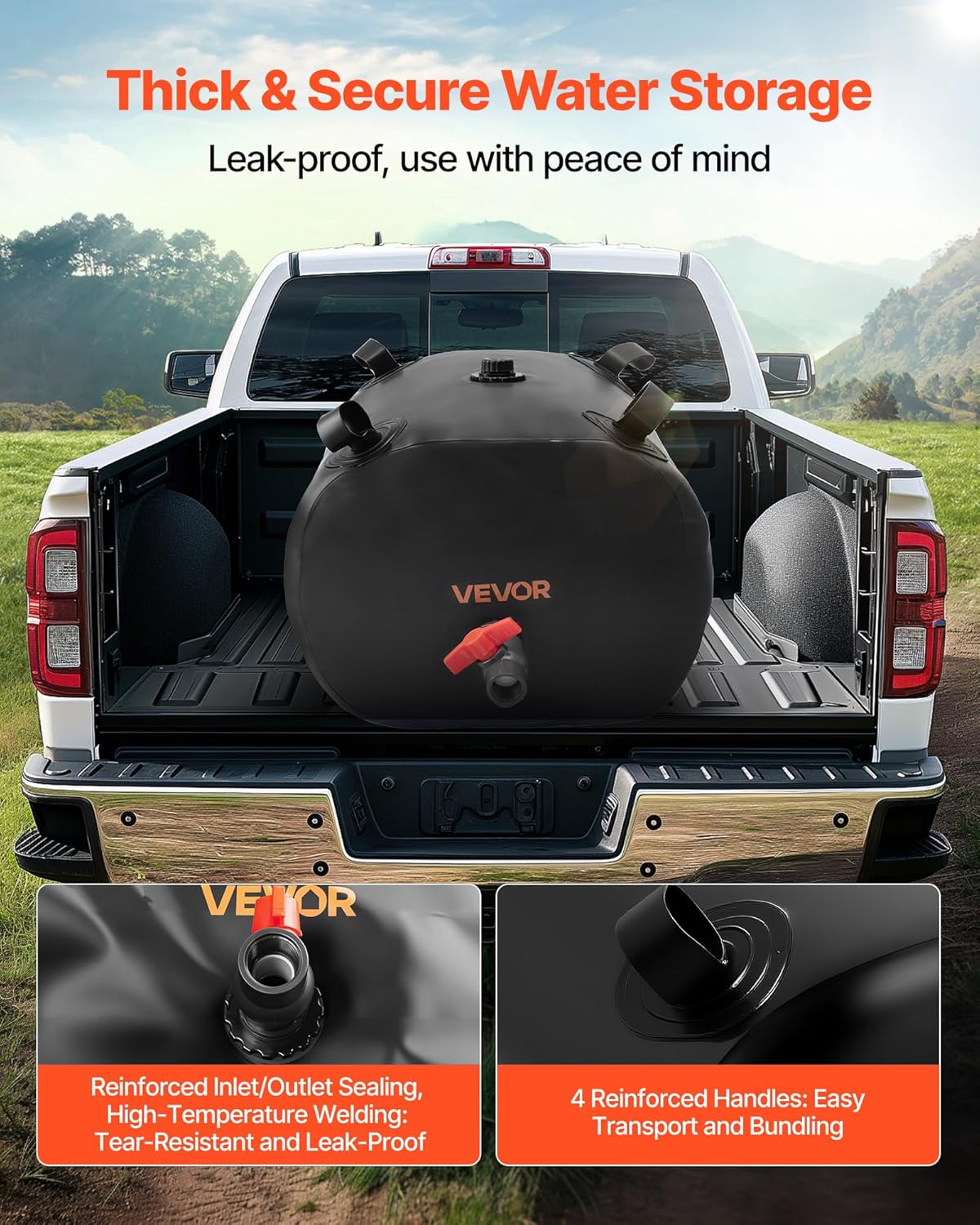 VEVOR Water Storage Bladder, 29.85 Gallon (113L) Water Storage Container Tank, 1000D PVC Thickened Soft Bag Bladder, Collapsible Portable for Garden Irrigation, Camping, RVs, Emergency Use - Black