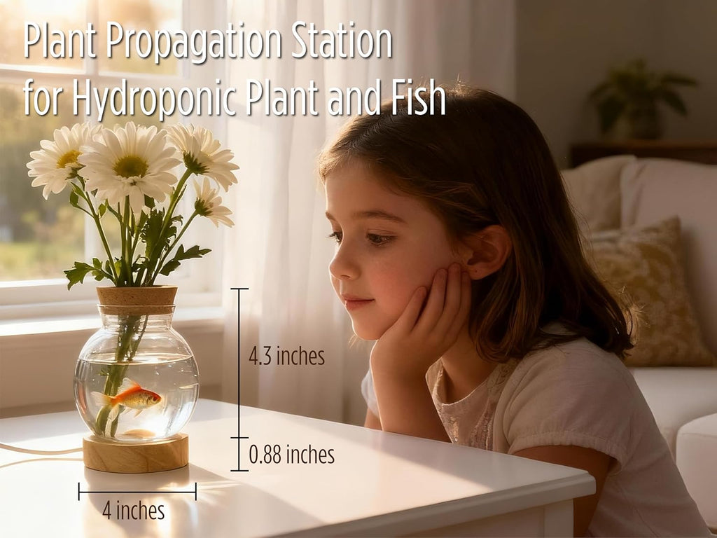 Plant Propagation Station with Lights, Glass Planter Station with Waterproof Lighted Wooden Base, Desktop Hydroponic Plants Terrarium with LED, Round Glass Planter with Light for Home & Office Decor