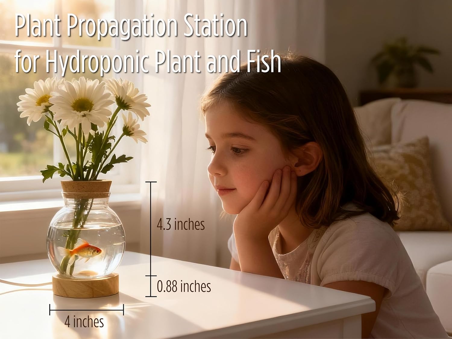 Plant Propagation Station with Lights, Glass Planter Station with Waterproof Lighted Wooden Base, Desktop Hydroponic Plants Terrarium with LED, Round Glass Planter with Light for Home & Office Decor