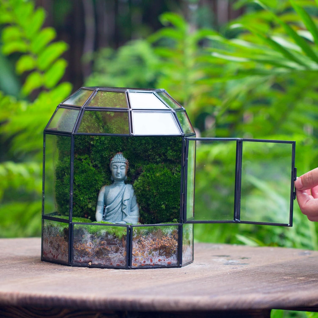 NCYP Half Dome Geometric Glass Terrarium with Door, Closed Succulents Planter Pot, Miniature Landscape Container, Indoor Tabletop Decor, Black (Terrarim Only)
