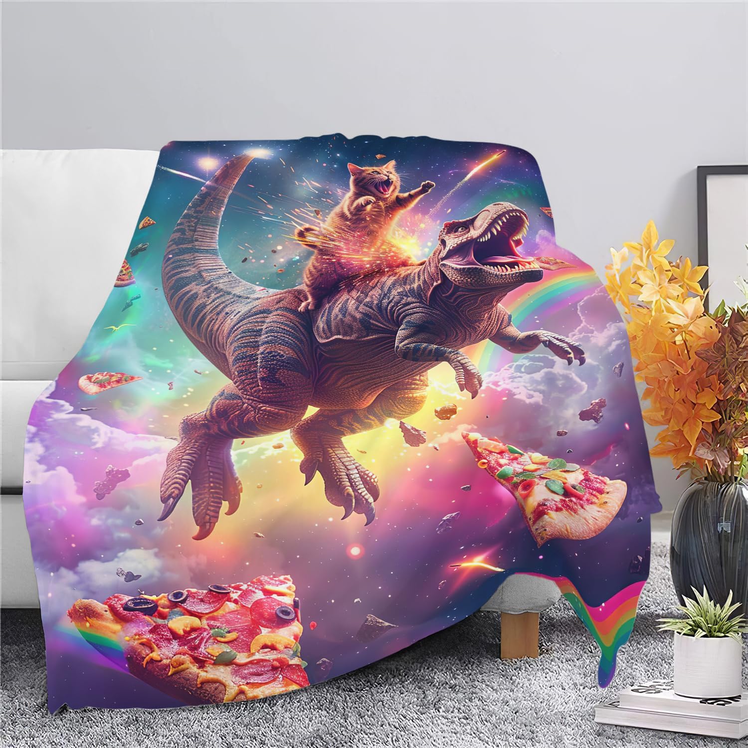 Funny Dinosaur and Cat Blanket Universe Rainbow Pizza Dino Cat Throw Blanket Gifts for Girls Women Kids Adults Super Soft Cozy Plush Fluffy Fuzzy Fleece Blanket Home Decor 50''X60''