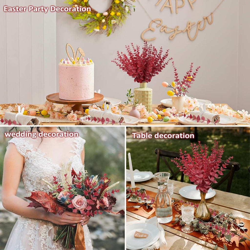 RECUTMS 36Pcs Red Eucalyptus Leaves Stems Artificial Leaf Branches Decor for Indoor Outdoor Valentines Day Christmas Picks Floral Arrangement Wedding Party Bouquet Home Office Table Decoration
